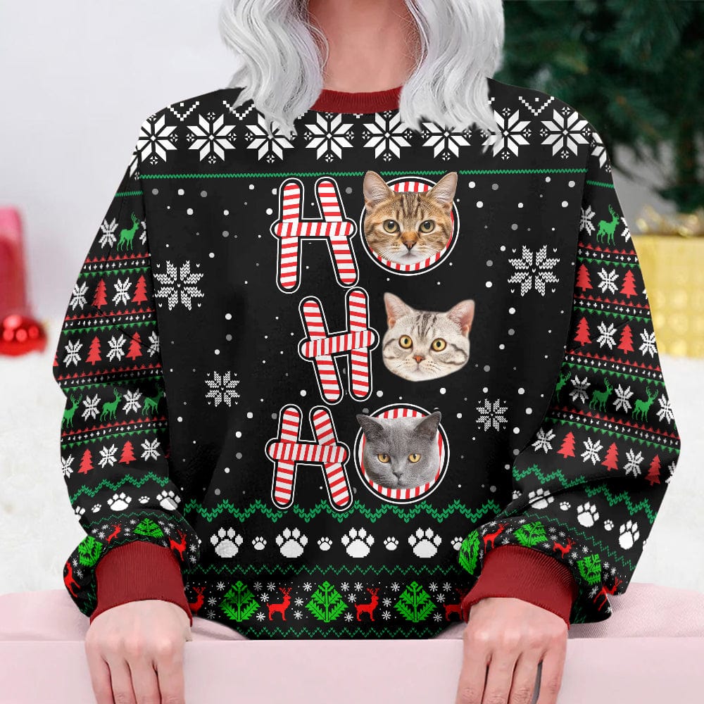 Custom Cat Photo Ho Ho Ho Christmas AOP Ugly Sweatshirt N304 889656 - Image 2
