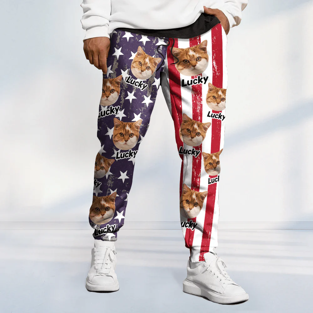 Custom Cat Photo With Flag USA Grunge Background Sweatpants N369 889842 - Image 2