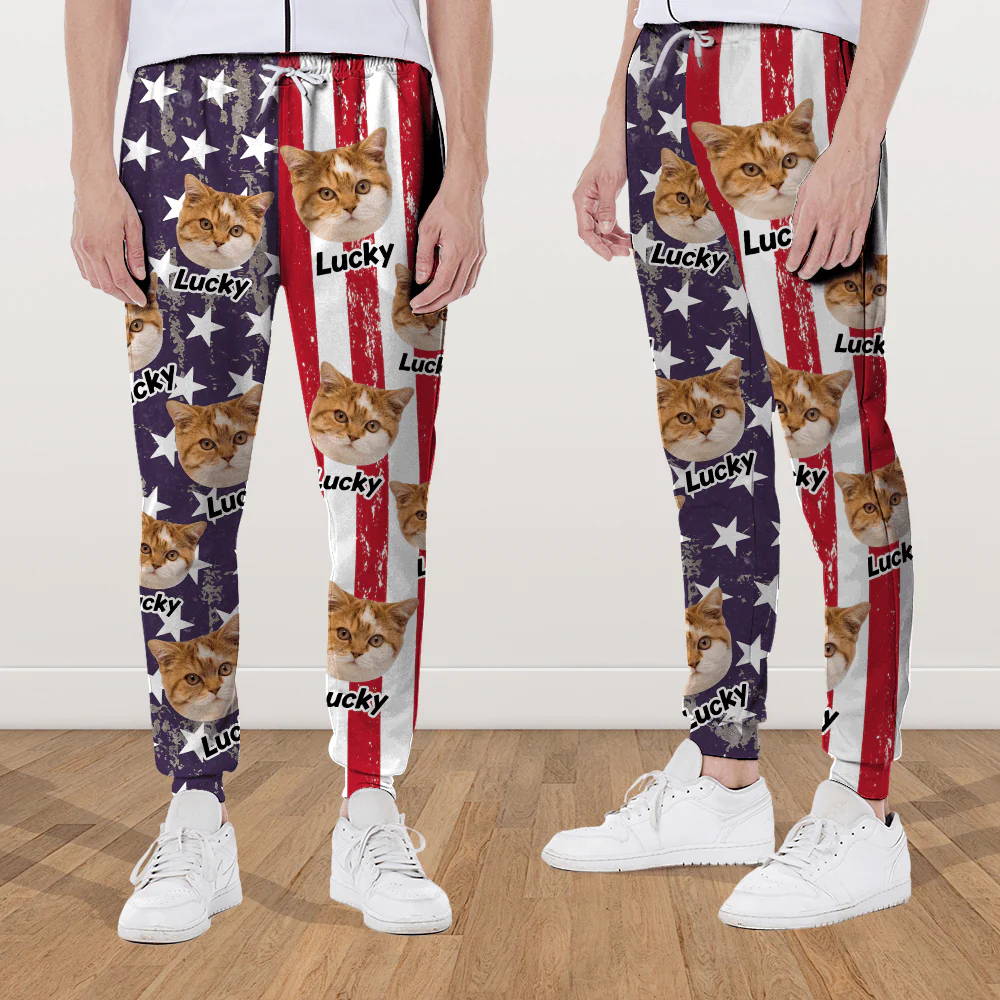 Custom Cat Photo With Flag USA Grunge Background Sweatpants N369 889842 - Image 3