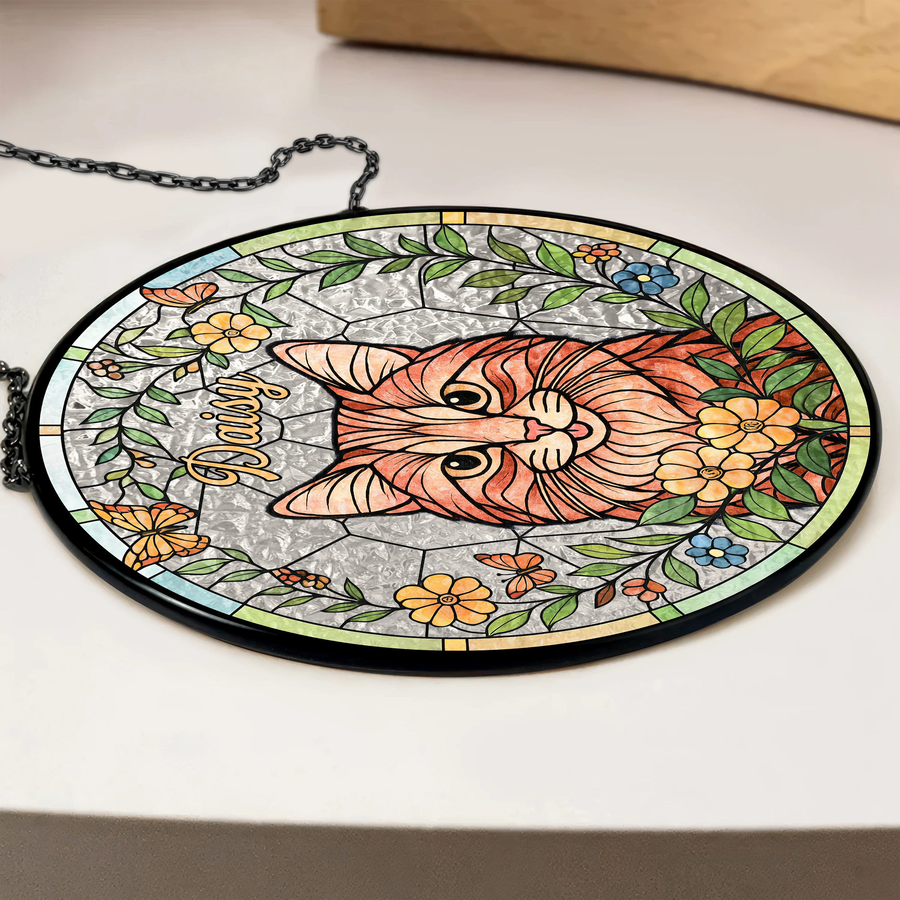 Custom Cat Photo With Flower Memorial Stained Glass Suncatcher, Pet Loss Gift HO82 894328 - Image 2