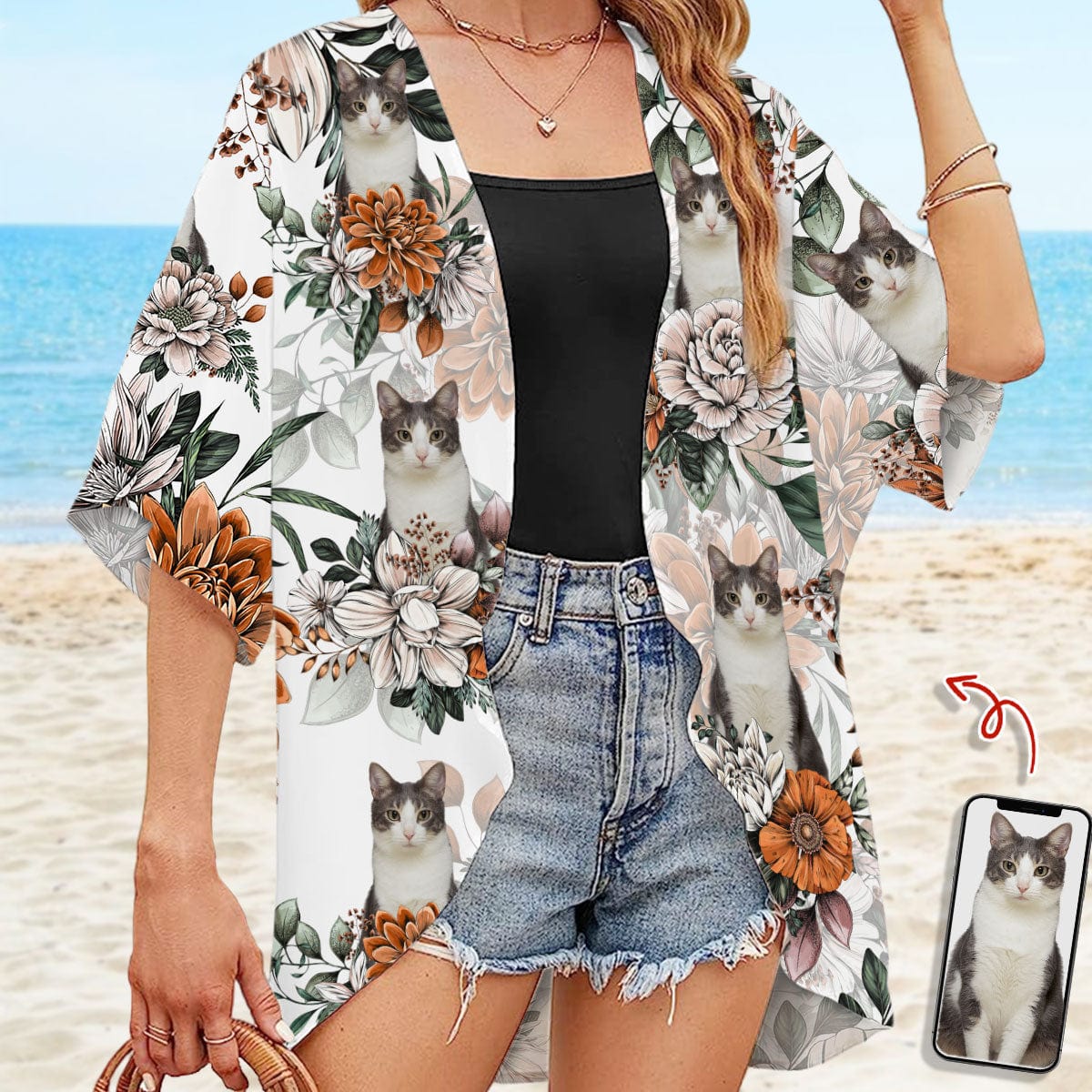 Custom Cat Photo With Flower Pattern Woman Kimono N304 889478