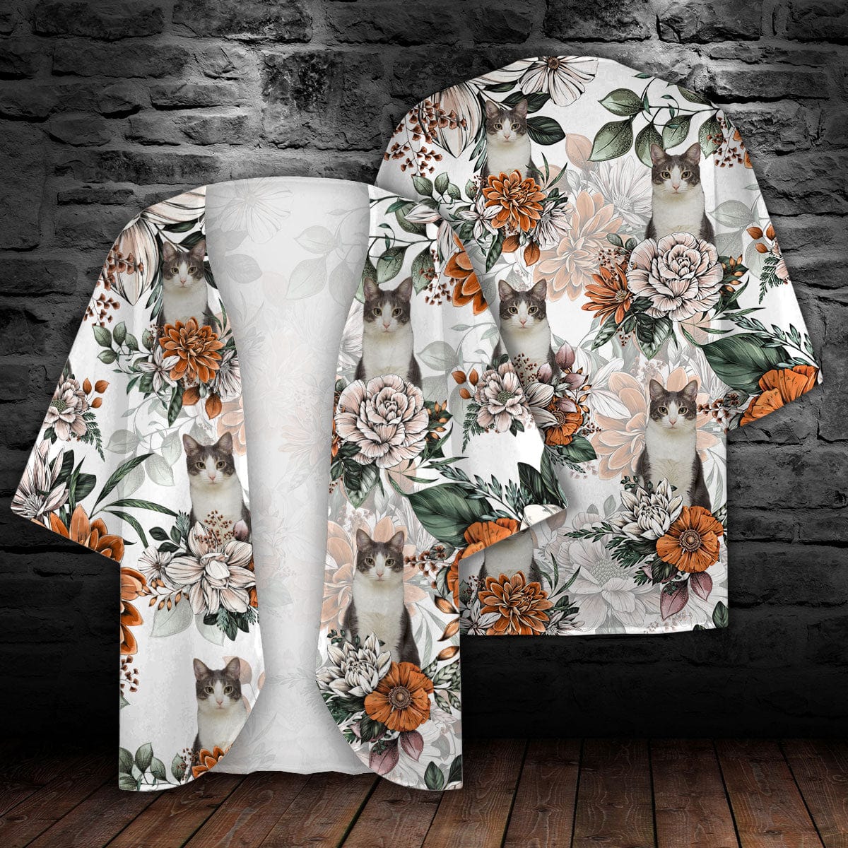 Custom Cat Photo With Flower Pattern Woman Kimono N304 889478 - Image 2