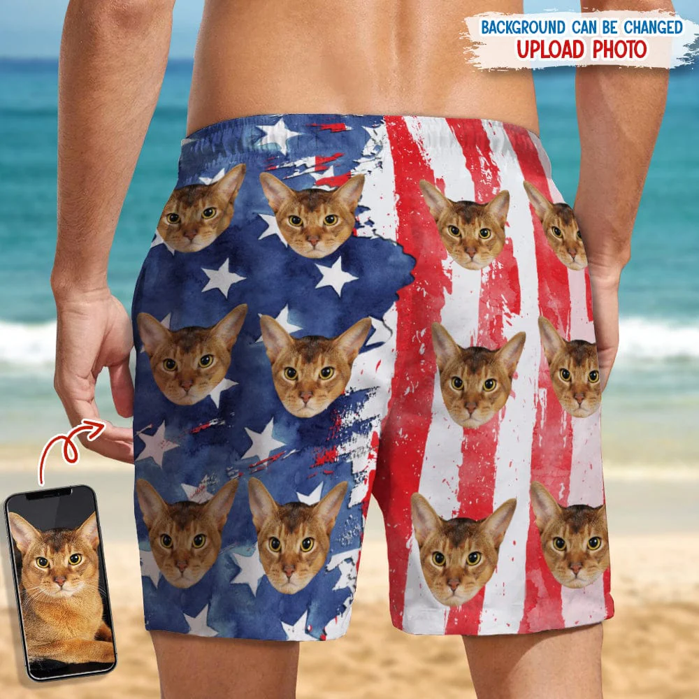 Custom Cat Photo With US Flag Beach Short N304 889226 - Image 3