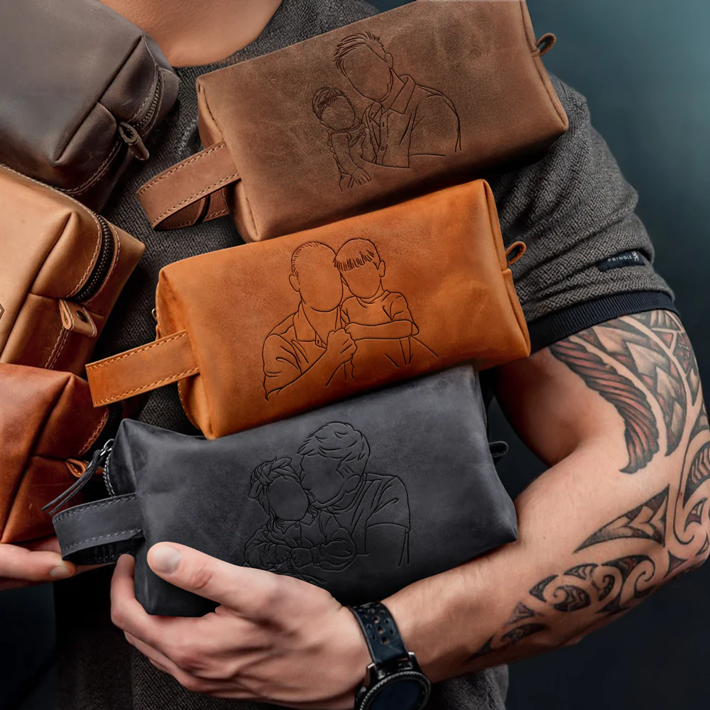 Custom Dad And Kids Photo Drawing Style Engraved Men's Leather Toiletry Bag HO82 894224 - Image 4