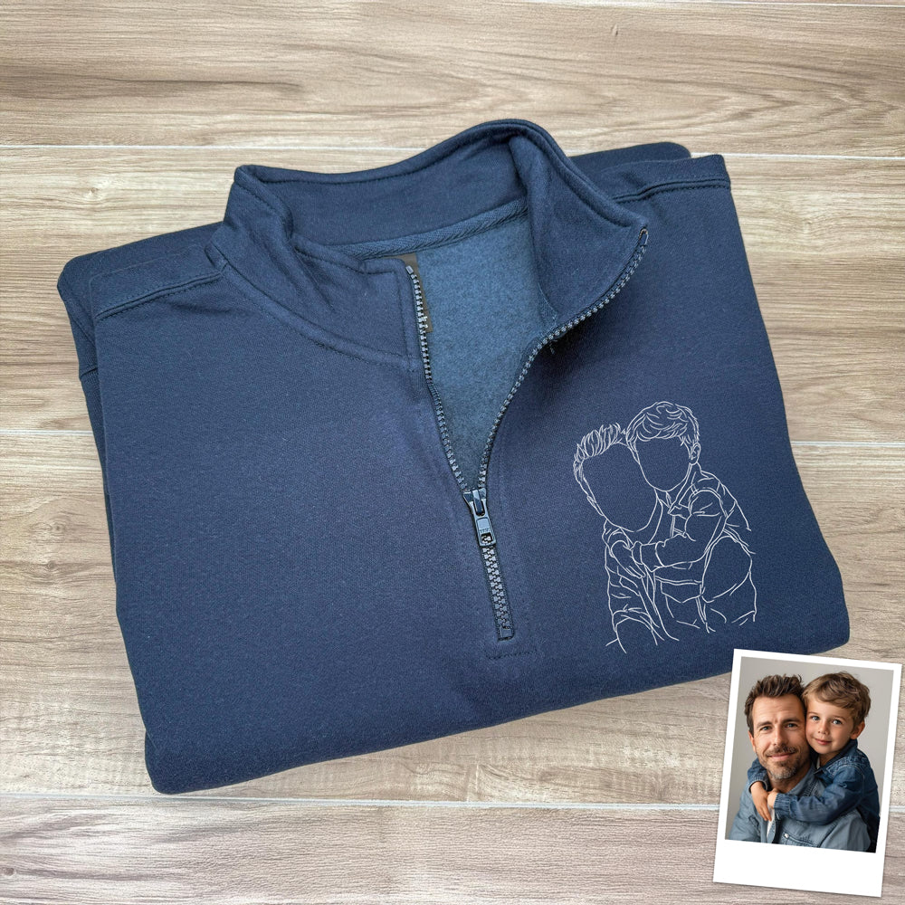 Custom Dad And Kids Portrait Photo Drawing Style Family Embroidered Quarter Zip Sweatshirt, Gifts for Dad, Birthday, Father's Day HO82 900772 - Image 2