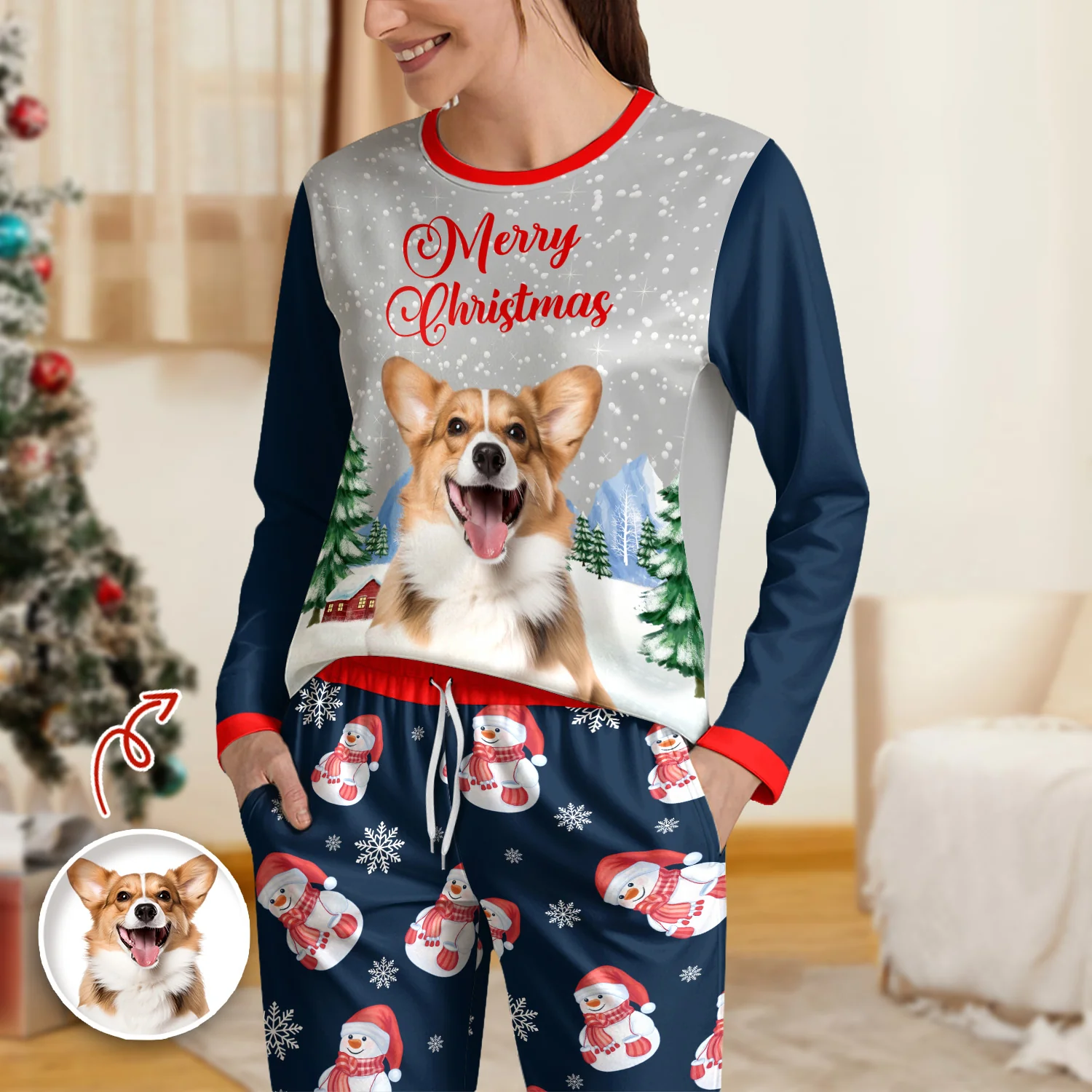 Custom Dog Cat Photo With Snowman Pattern Sleepwear, Christmas Gift For Pet Lovers HO82 894994 - Image 2