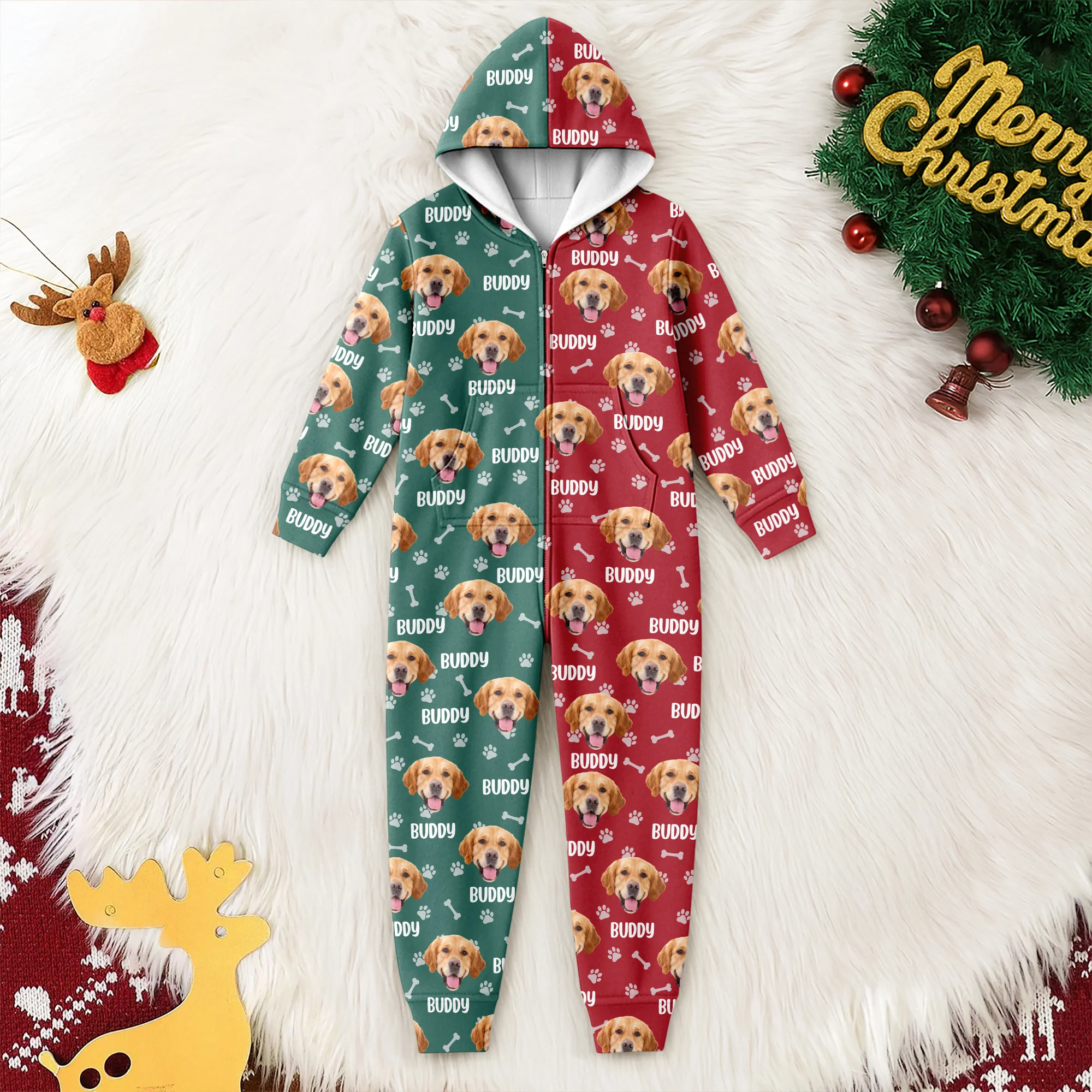 Custom Dog Face Photo Red Green Onesie Pajamas HO82 900382 - Image 2