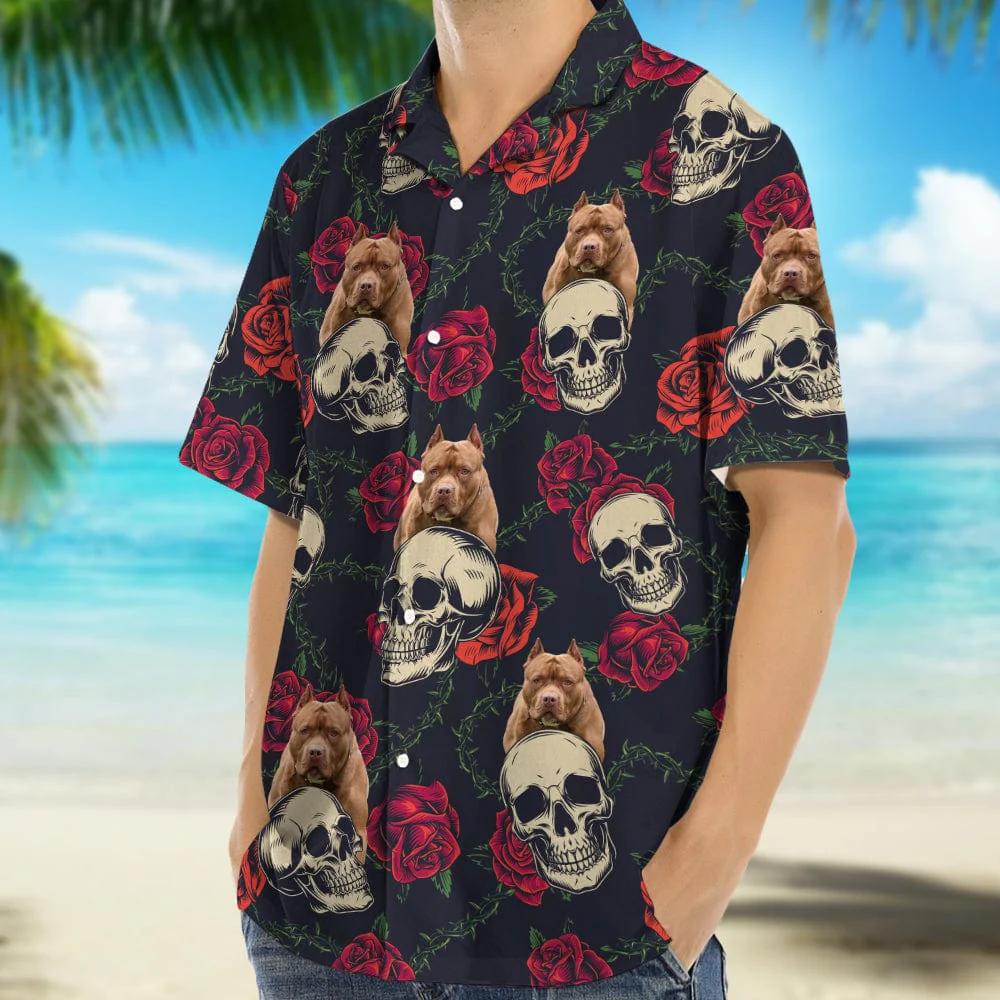 Custom Dog Photo Skull Face Tropical Leaf Hawaii Shirt N304 889568 - Image 2