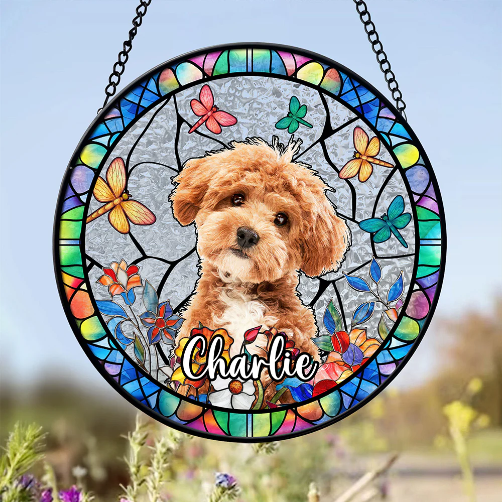 Custom Dog Photo With Flower Memorial Stained Glass Suncatcher, Pet Loss Gift HO82 894318 - Image 3