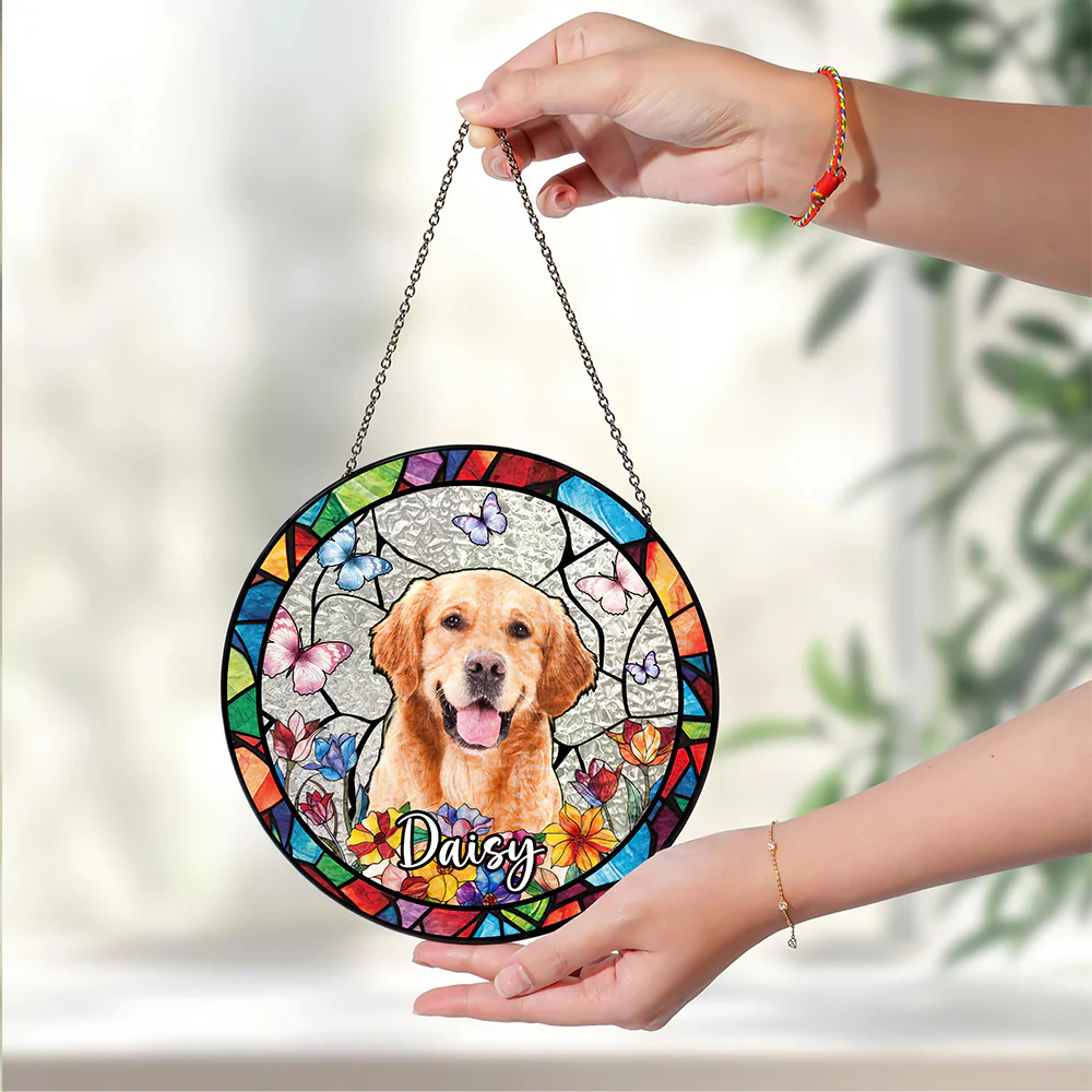 Custom Dog Photo With Flower Memorial Stained Glass Suncatcher, Pet Loss Gift HO82 894318 - Image 4
