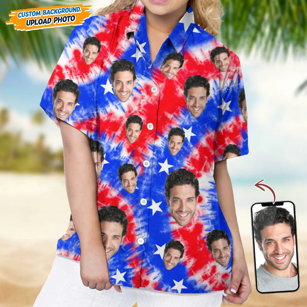 Custom Face Photo With US Flag Vertical Stripes Women's Hawaii Shirt TA29 889330 - Image 4