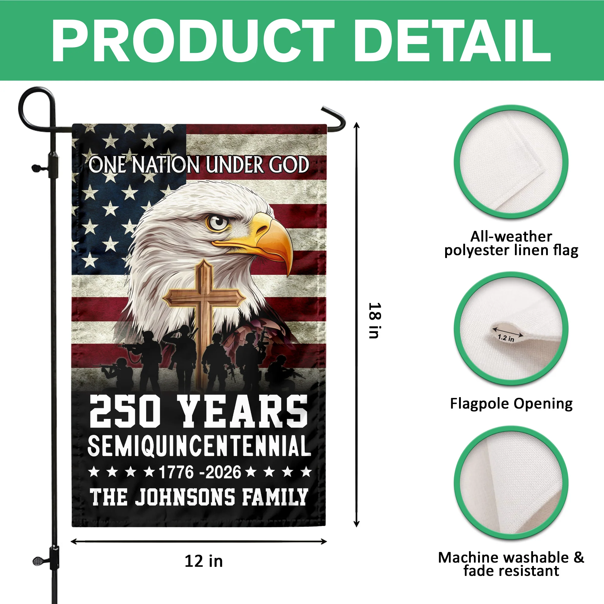 Custom Family Name One Nation Under God 1776 2026 Semiquincentennial 250 Years American Garden Flag HO82 900886 - Image 8