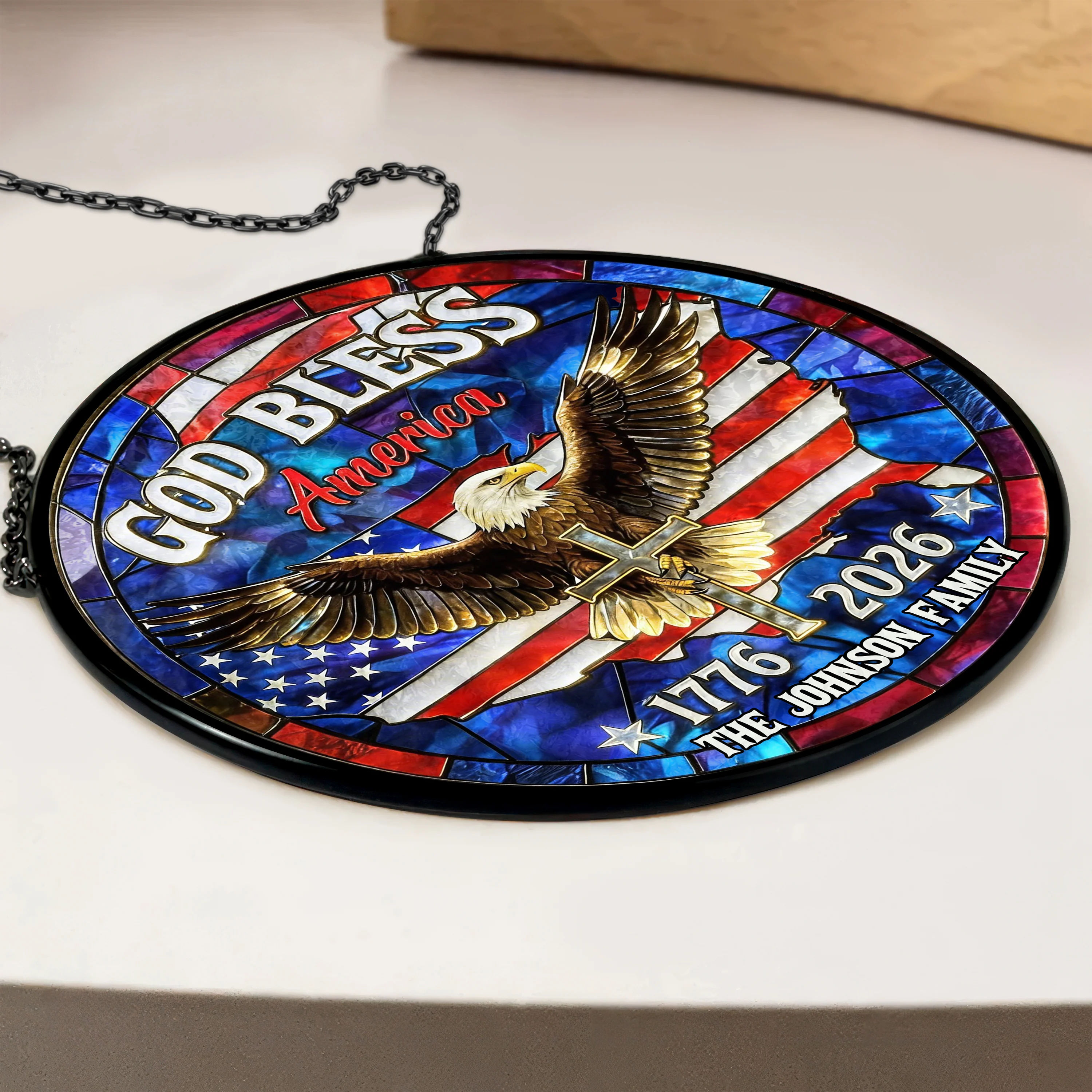Custom Family Name Patriotic 250th Anniversary God Bless America Eagle 1776–2026 Stained Glass Suncatcher HO82 901484 - Image 3