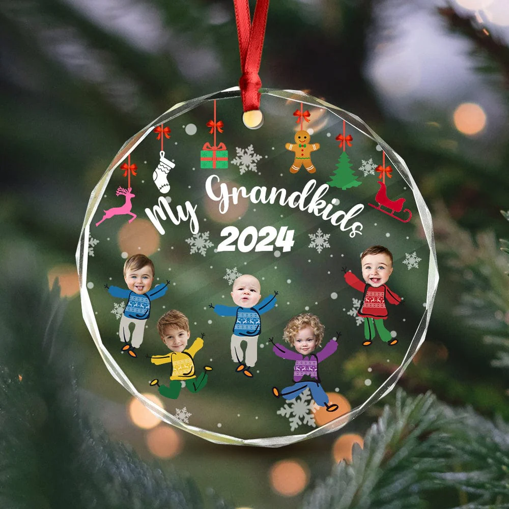 Custom Kid Face Family Our Grandkids Christmas Gift For Grandma Grandpa Mom Dad Glass Circle Ornament HO82 893108 - Image 3
