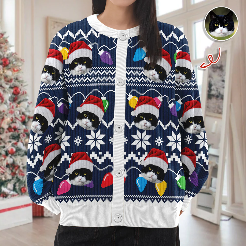 Custom Funny Photo Xmas Leds Cardigan Gift For Cat Lover HO82 900266 - Image 2