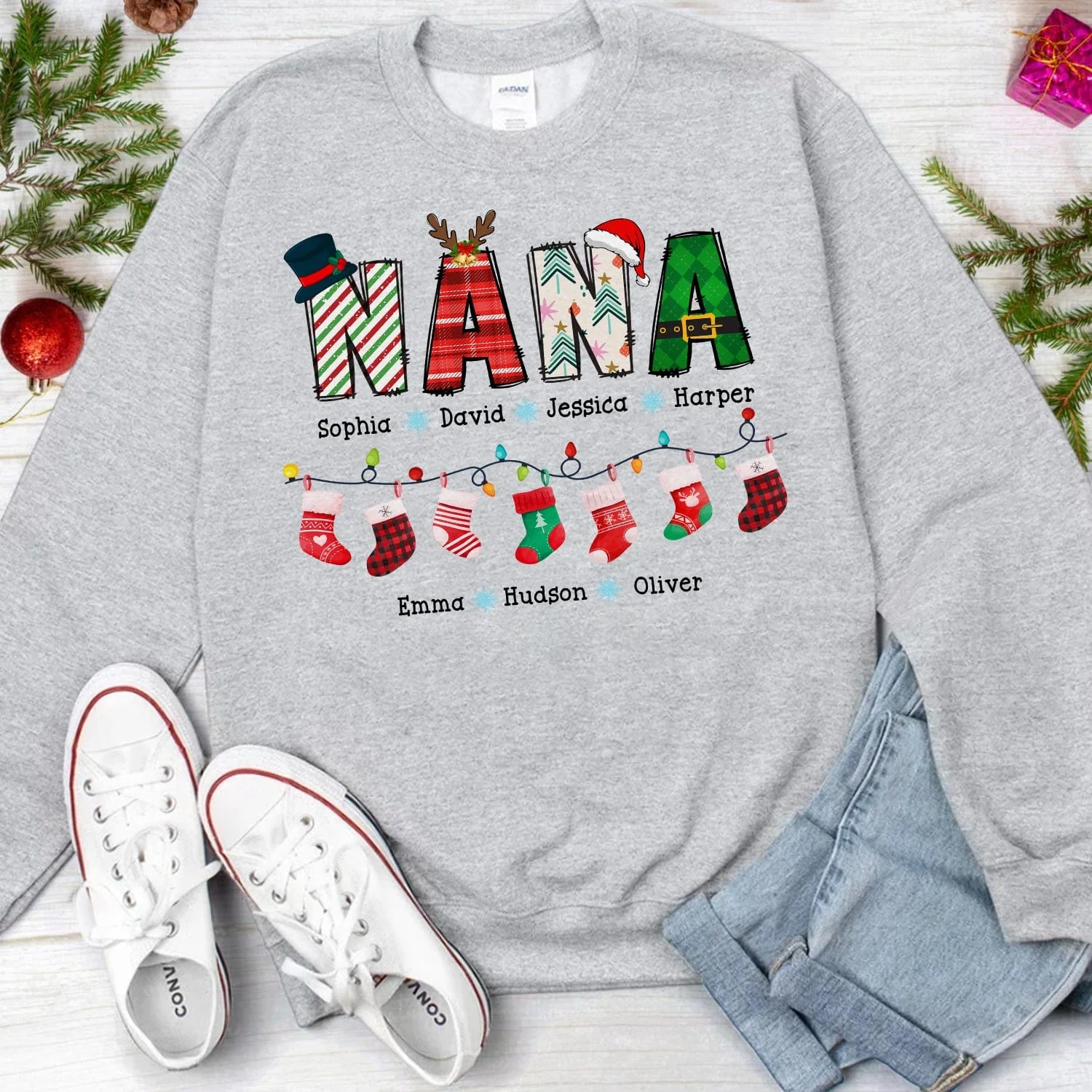Custom Grandkid Name For Grandma Christmas Socks Sweatshirt Best Gift For Family, Lover, Christmas Idea Gift HO82 893154 - Image 3