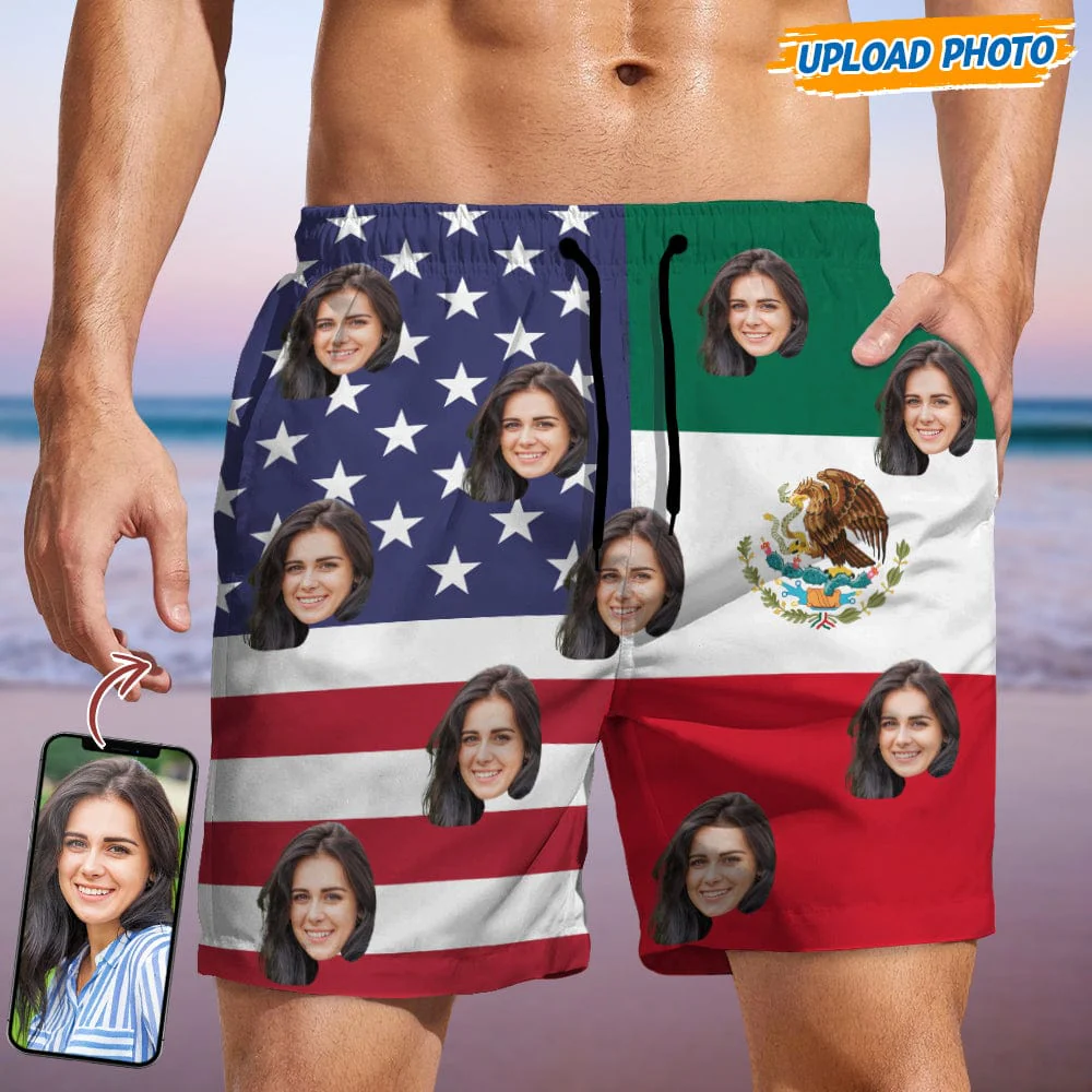 Custom Human Face Photo American Mexican Flag Men's Beach Short K228 889194