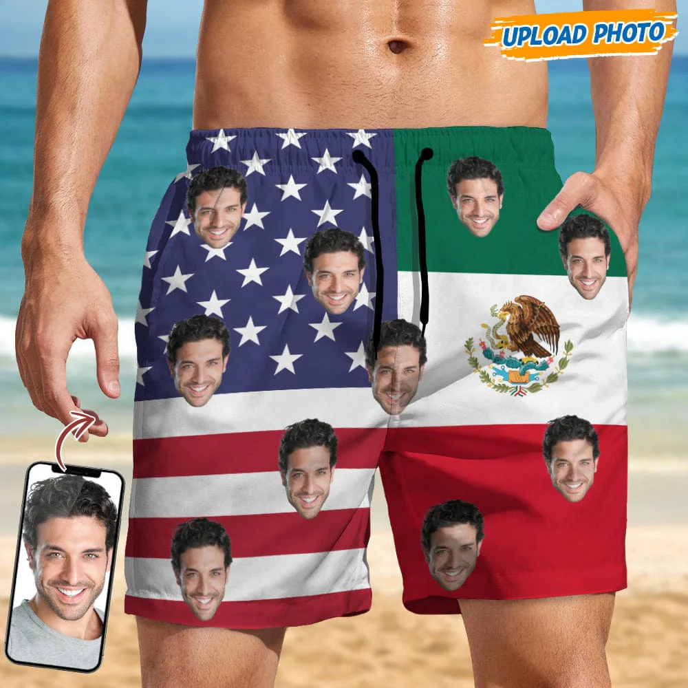 Custom Human Face Photo American Mexican Flag Men's Beach Short K228 889194 - Image 6