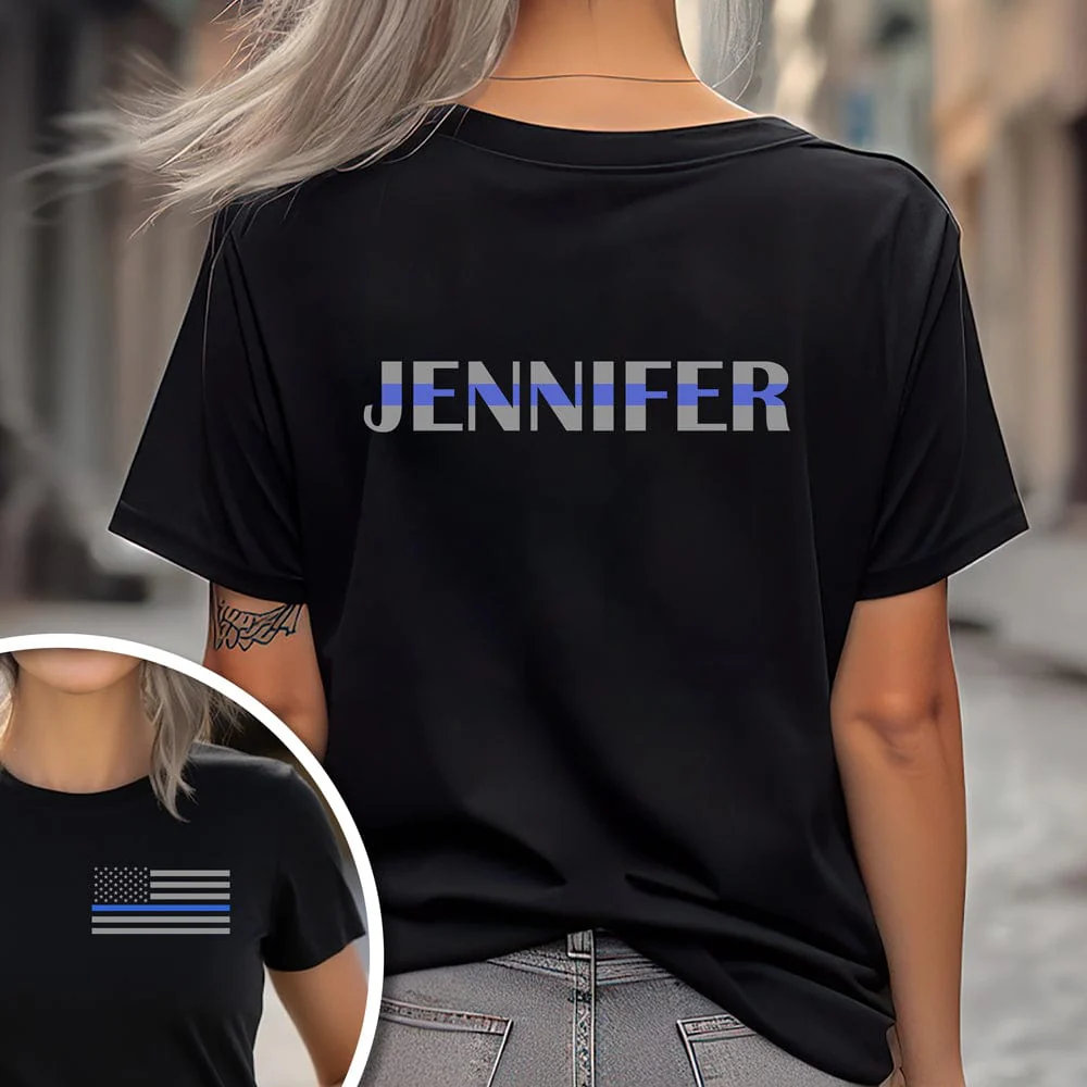 Custom Name Blue Line American Flag Dark Back & Front Shirt Gift For Police HO82 893482 - Image 9