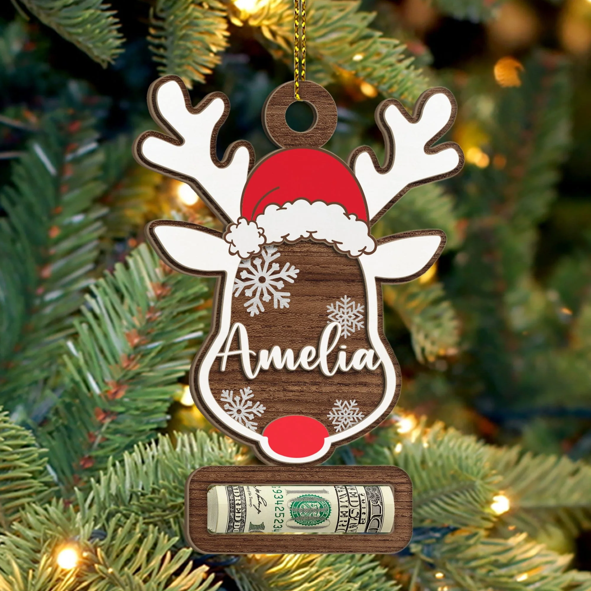 Custom Name Cute Reindeer Christmas Gifts Wood Money Holder Ornament HO82 893096