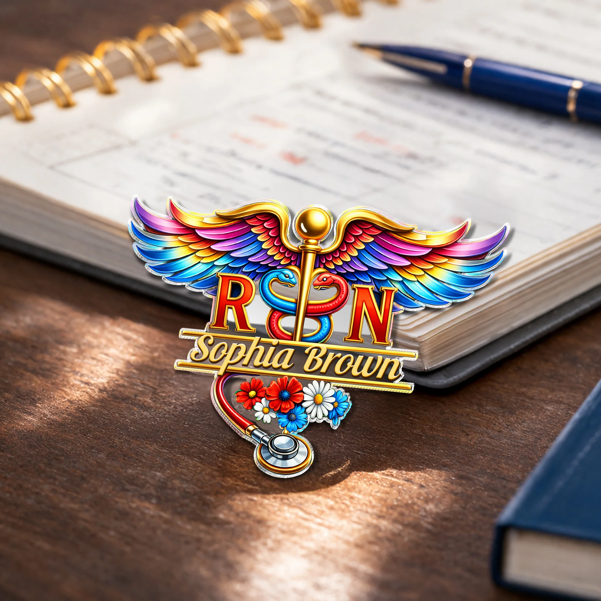 Custom Name RN Nurse With Caduceus Wings & Stethoscope Acrylic Pin HO82 901964 - Image 3