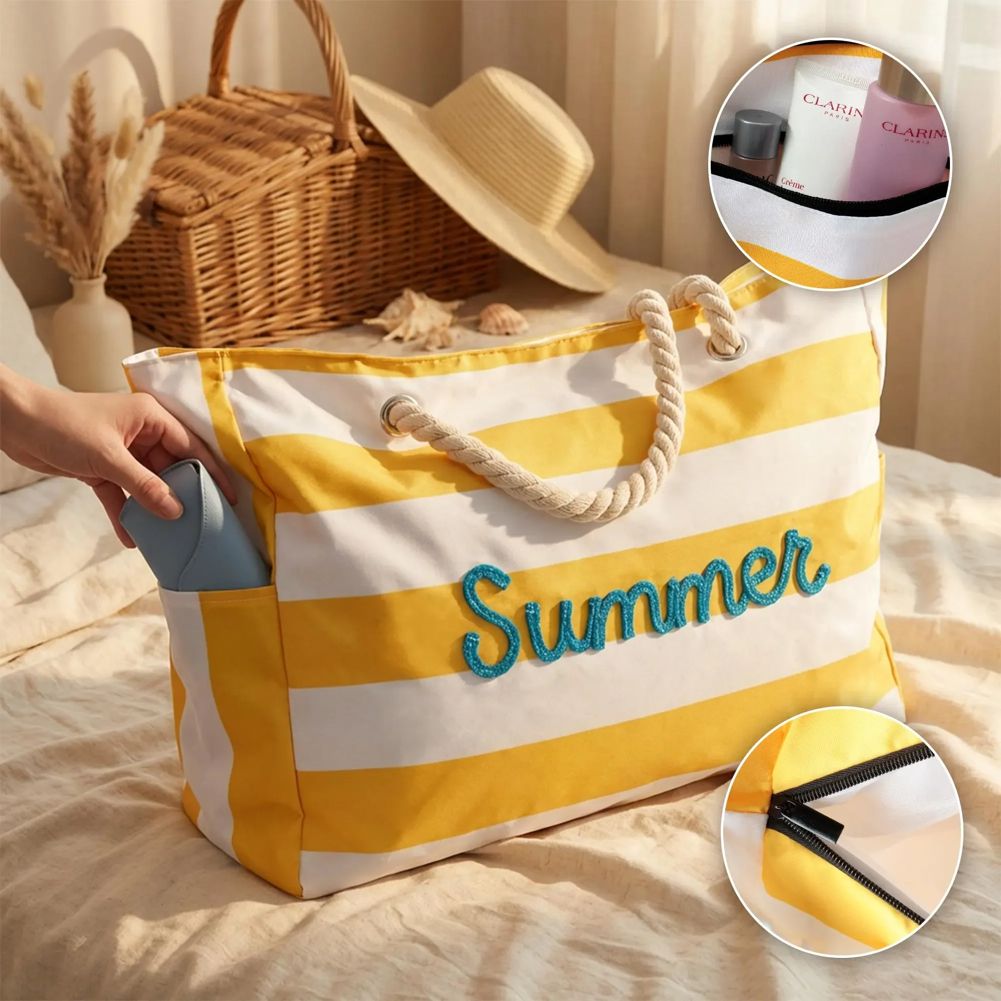 Custom Name Stripe Beach Tote Bag With Zipper - Summer Gift For Women, Mother's Day, Wife, Girlfriend HO82 902006 - Image 8