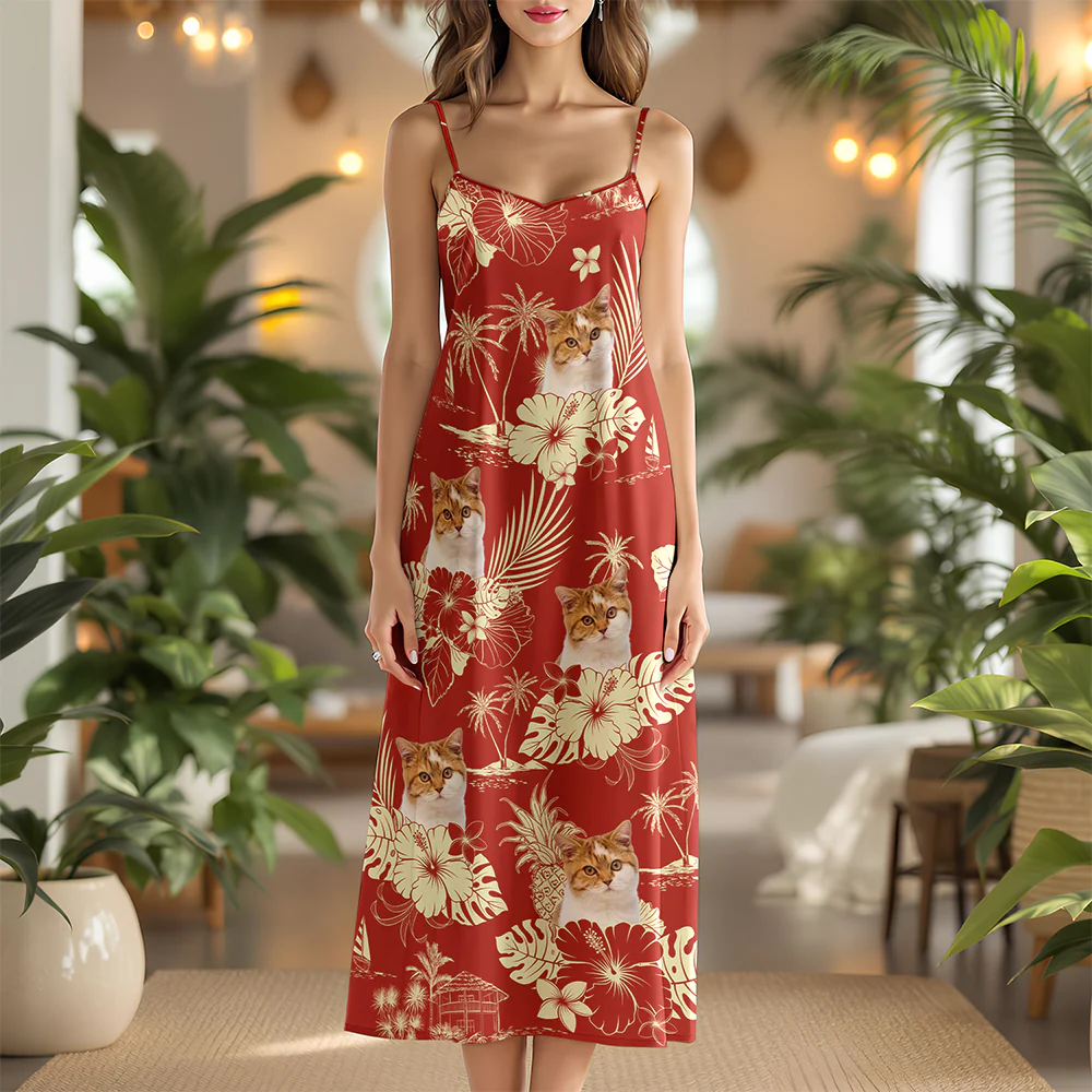 Custom Photo Aloha Hawaiian Cat Women's V-Neck Cami Maxi Dress HO82 893668 - Image 4