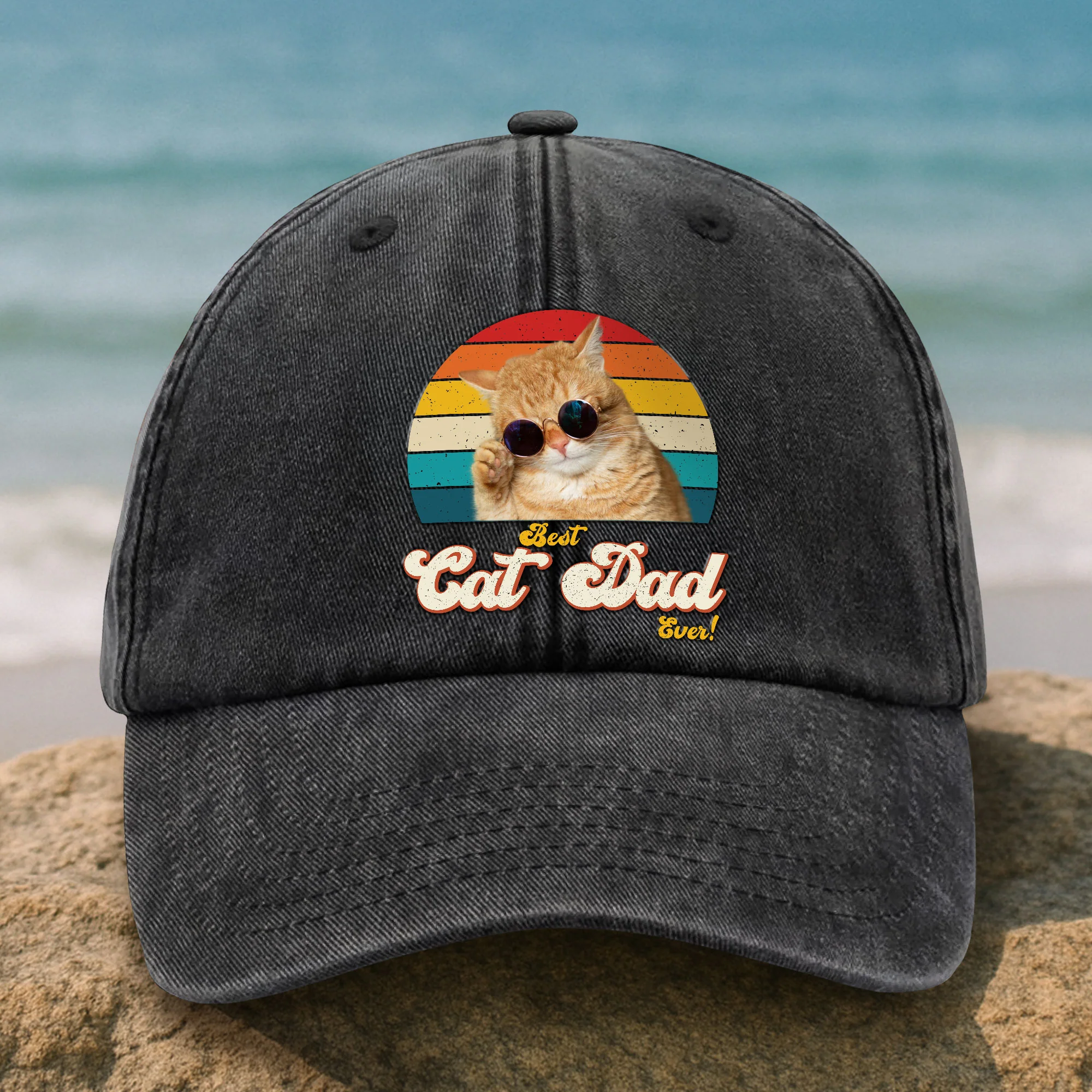 Custom Photo Best Cat Dad Ever Washed Denim Baseball Cap Gift For Father's Day, Cat Dad HO82 893942 - Image 3