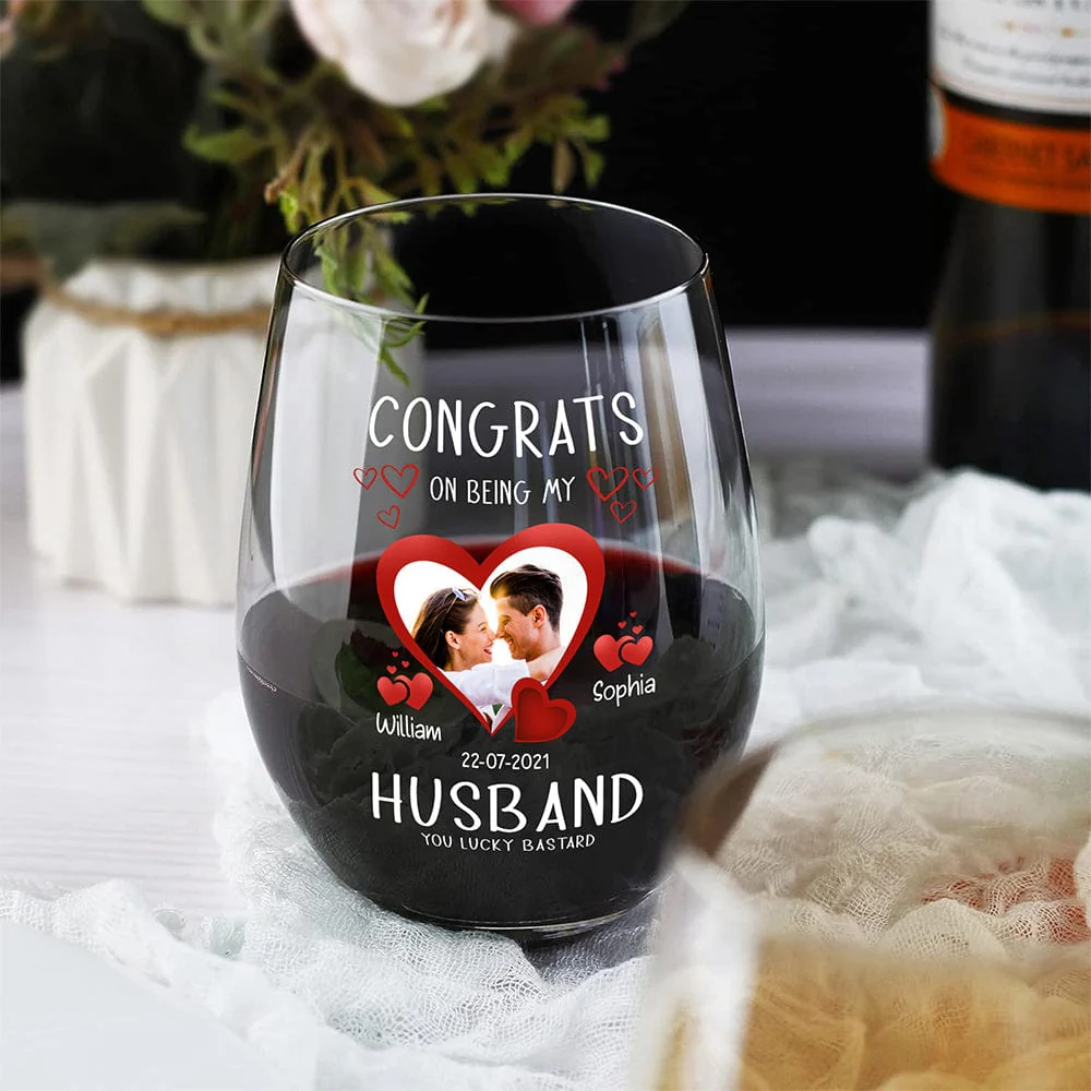 Custom Photo Congrats On Being My Husband Couple Stemless Wine Glass HO82 893370 - Image 2
