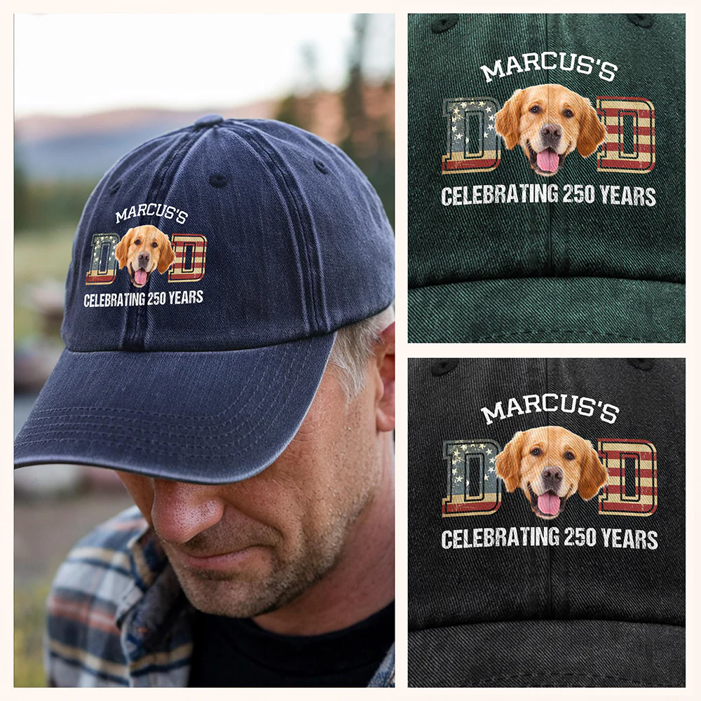 Custom Photo Dog Cat Dad Mom Celebrating 250 Years Washed Denim Baseball Cap HO82 900326 - Image 4