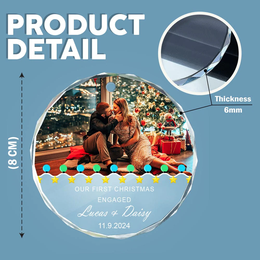 Custom Photo First Christmas Engaged Couple Glass Circle Ornament HO82 893088 - Image 4