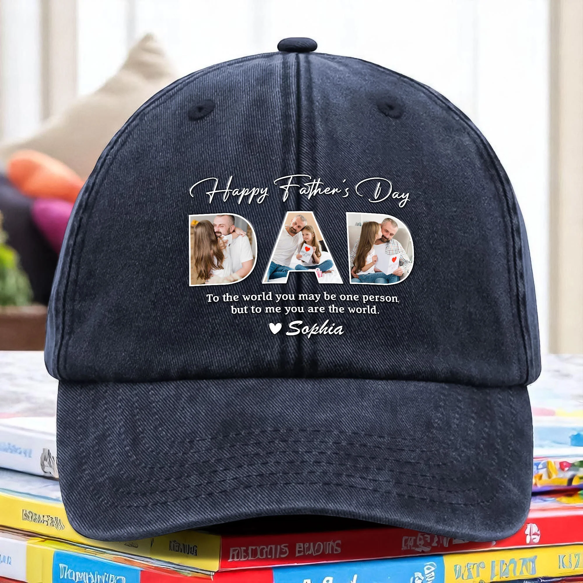 Custom Photo Happy Father's Day To Me You Are The World Washed Denim Baseball Cap Gift For Dad HO82 893944 - Image 2