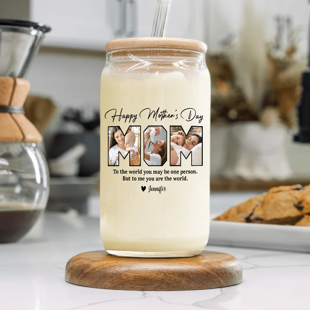 Custom Photo Happy Mother's Day Mom To Us You Are The World Family Glass Can With Lid Personalized Gift TA29 890404 - Image 3