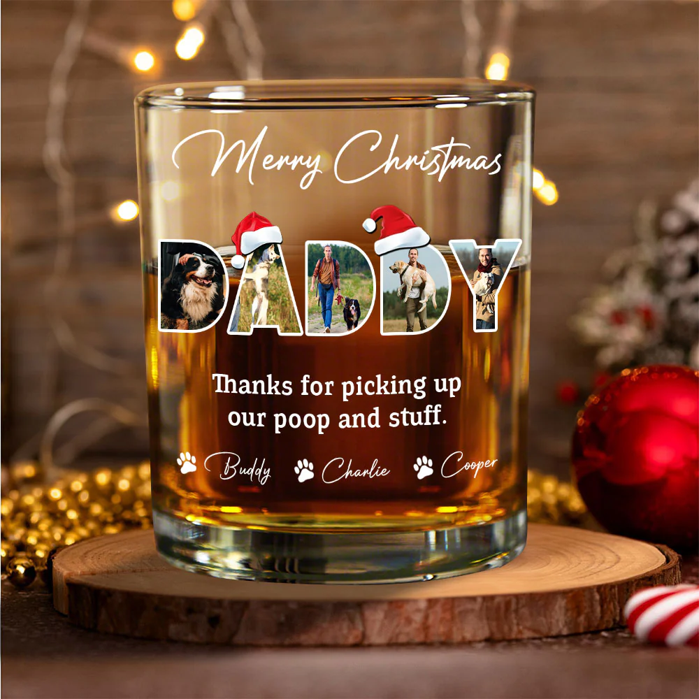 Custom Photo Merry Christmas Thanks For Picking Up My Poop And Stuff Whiskey Glass Gift For Dad HO82 894410 - Image 3