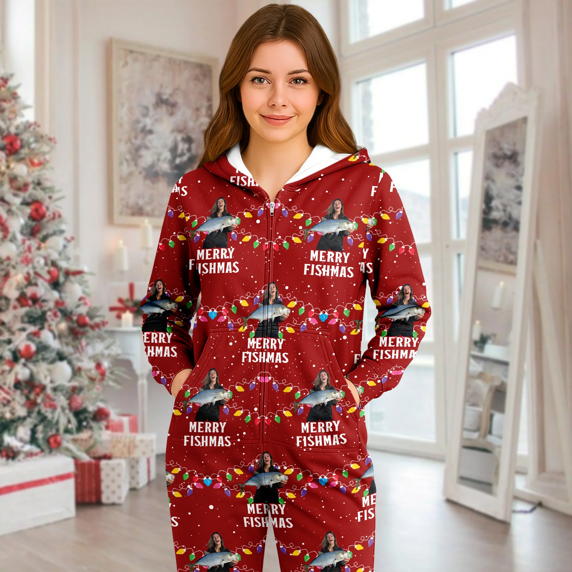 Custom Photo Merry Fishmas Onesie Pajamas, Christmas Gift For Family, Fishing Lovers HO82 900632 - Image 3