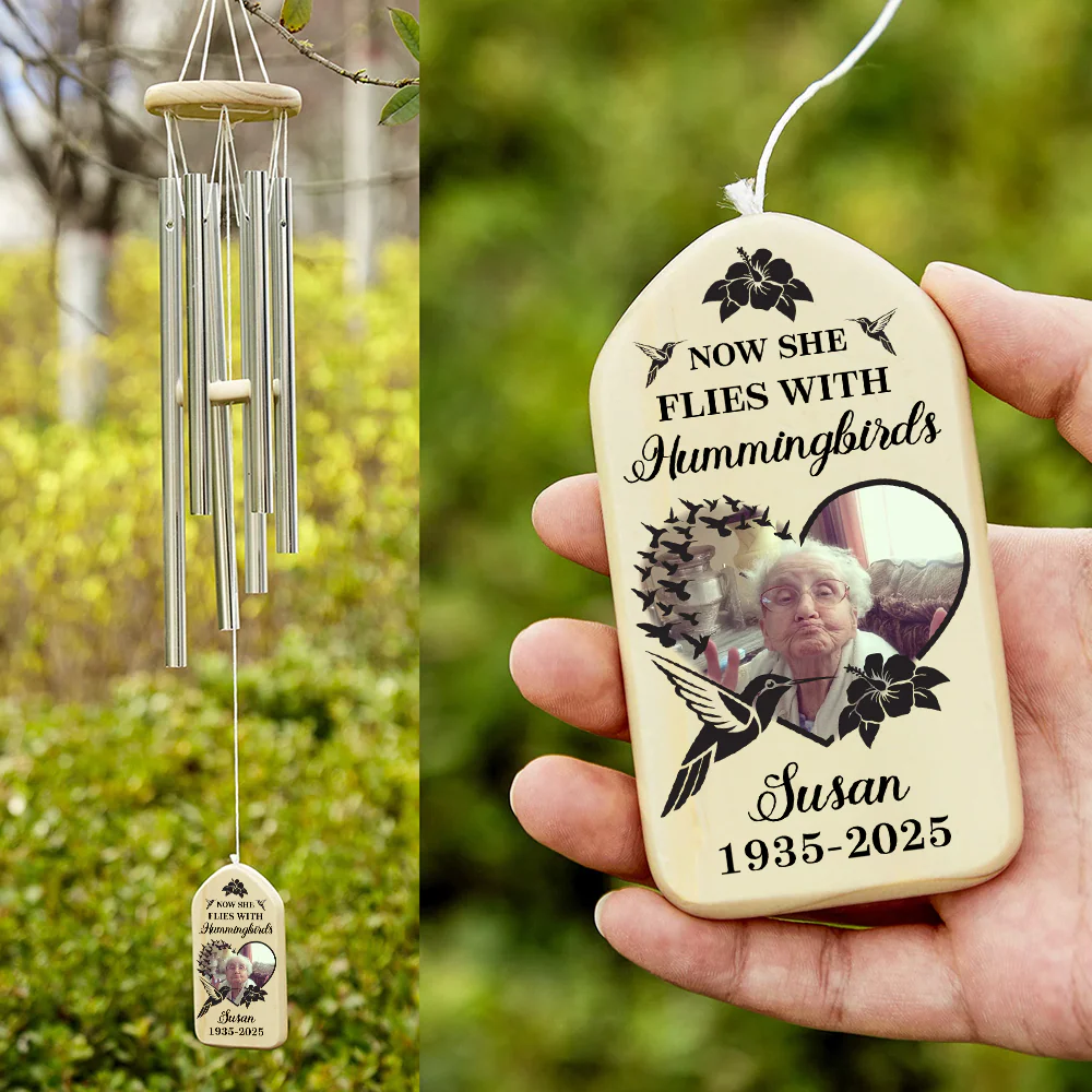 Custom Photo Now She Flies With Hummingbirds Memorial Wind Chimes HO82 893632 - Image 2