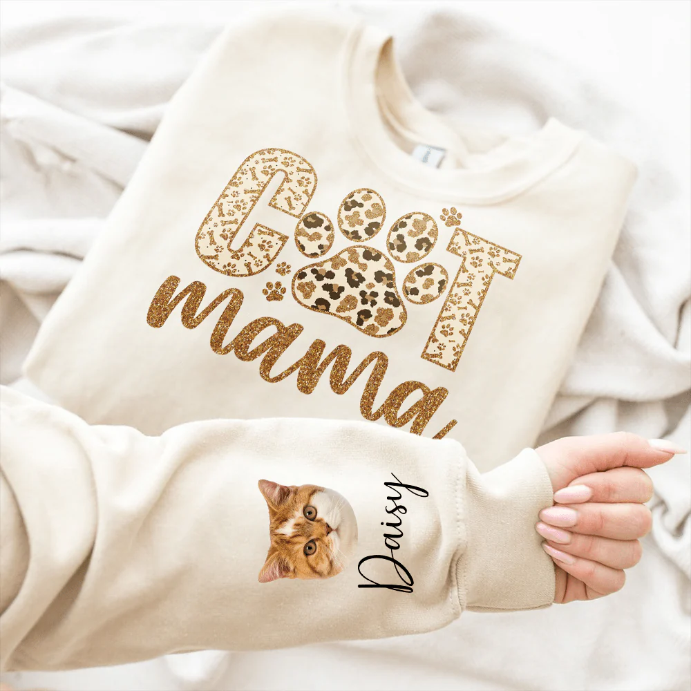 Custom Photo On Sleeve Cat Mama Sweatshirt DA199 890412 - Image 5