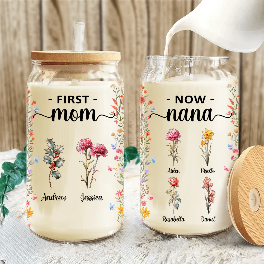 First Mom Now Grandma Birth Month Flowers Glass Can With Lid Personalized Gift TA29 890384 - Image 2