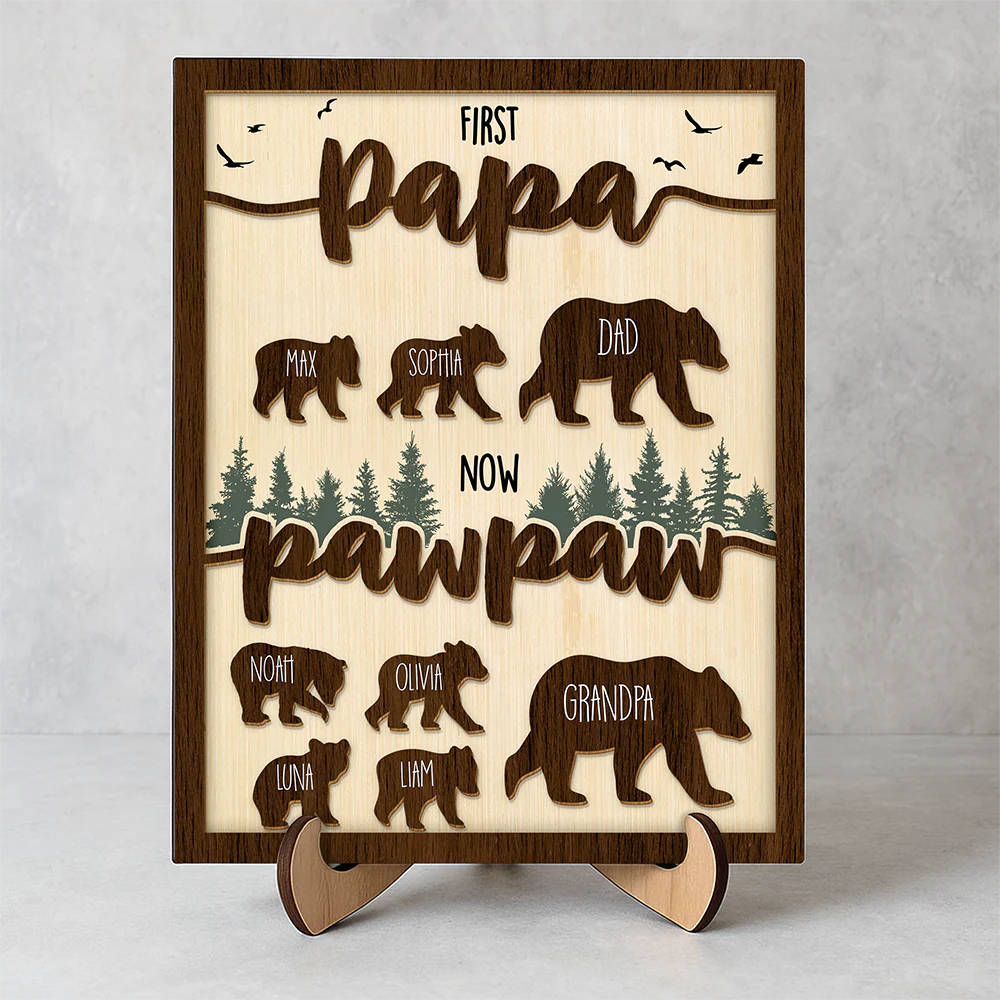Papa Bear With Kid Name Family 2-Layered Wooden Plaque With Stand Personalized Gift For Father's Day, Dad HO82 894042 - Image 2