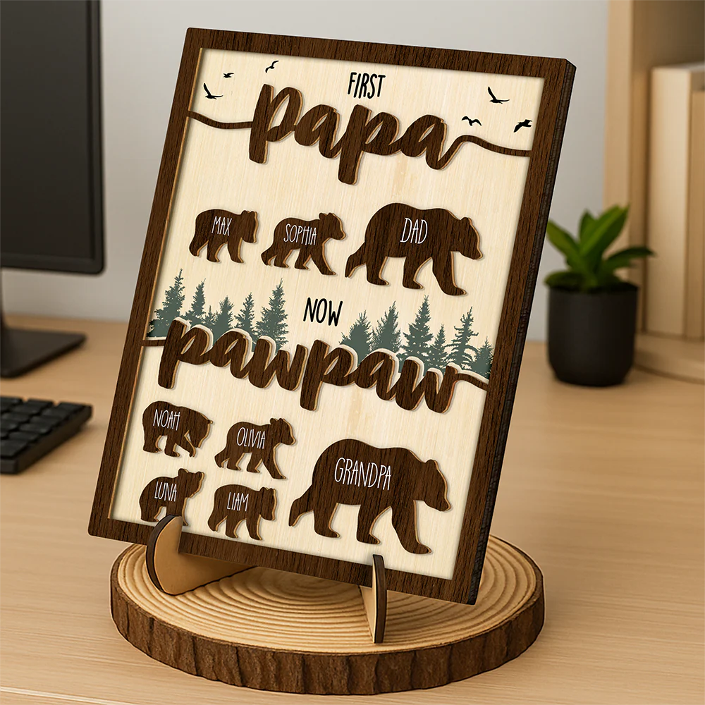 Papa Bear With Kid Name Family 2-Layered Wooden Plaque With Stand Personalized Gift For Father's Day, Dad HO82 894042 - Image 4