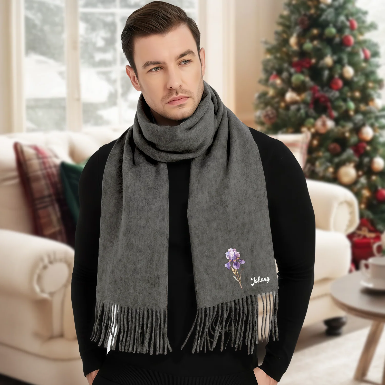 Personalised Name Birth Flower Soft Warm Tassel Scarf, Winter Accessory Anniversary Birthday Gift for Women Men HO82 900752 - Image 4
