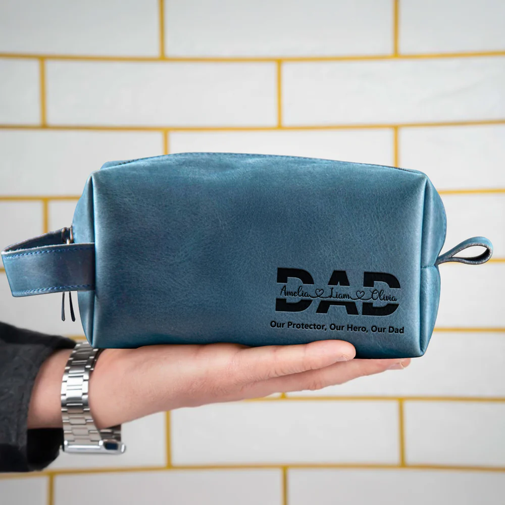 Personalized Dad And Kids Names Engraved Leather Toiletry Bag HO82 894194 - Image 2