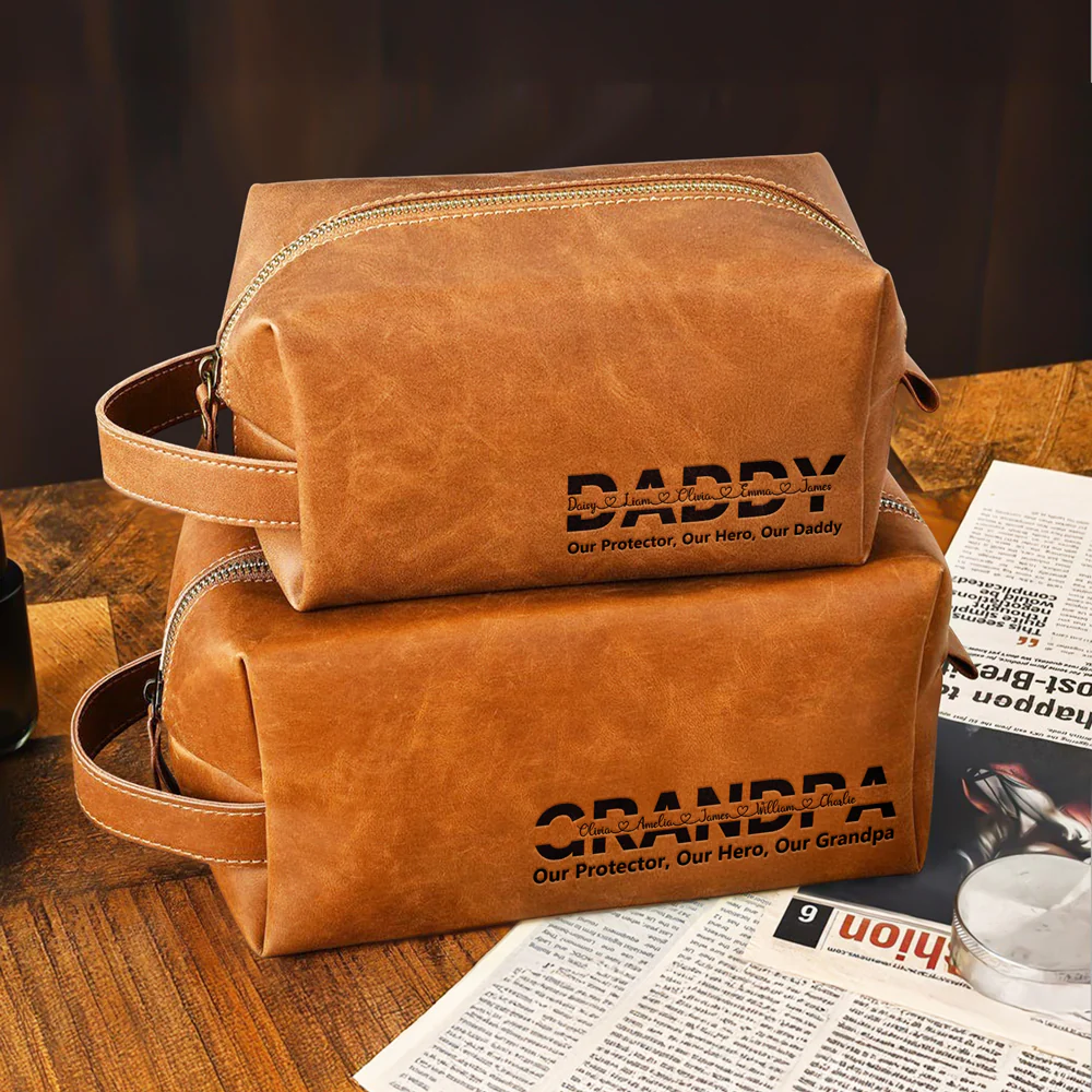 Personalized Dad And Kids Names Engraved Leather Toiletry Bag HO82 894194 - Image 3