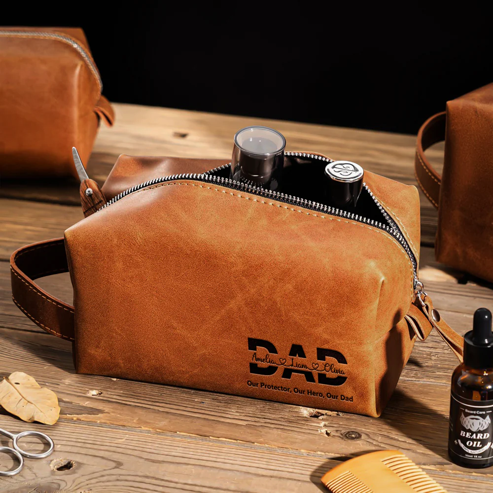Personalized Dad And Kids Names Engraved Leather Toiletry Bag HO82 894194 - Image 5