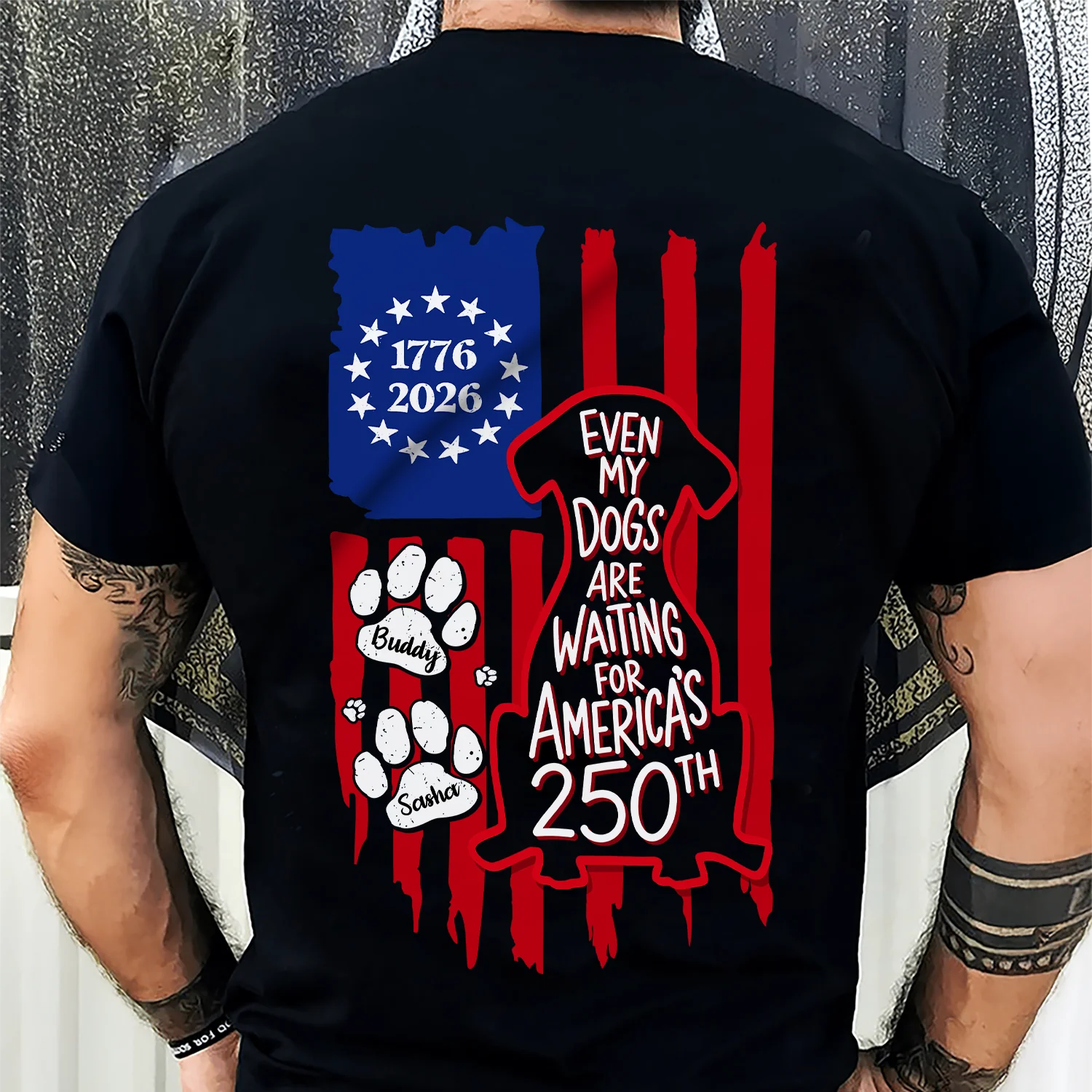 Personalized Even My Dog Is Waiting For America's 250th With US Flag Back Dark Shirt - Gift For Dog Lovers HO82 902864 - Image 2