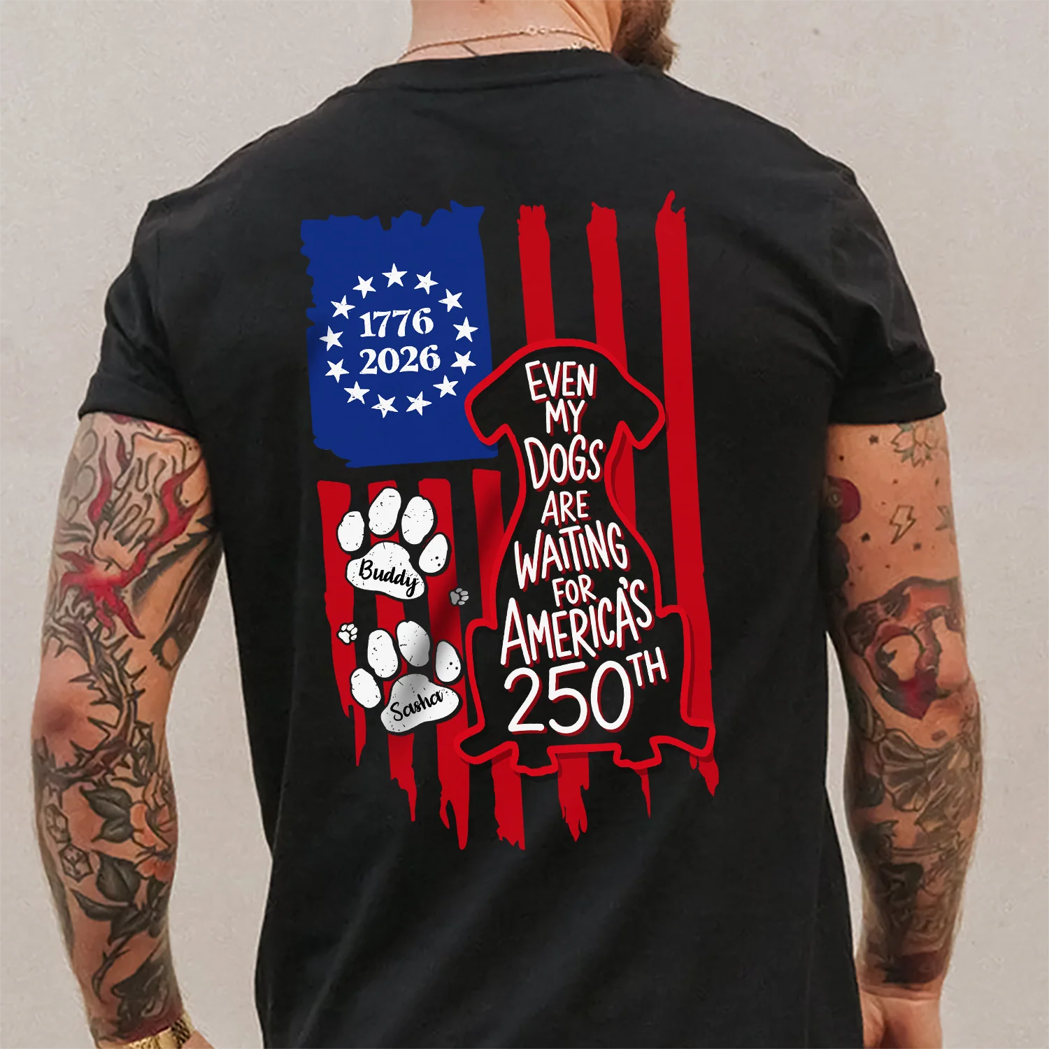 Personalized Even My Dog Is Waiting For America's 250th With US Flag Back Dark Shirt - Gift For Dog Lovers HO82 902864 - Image 4