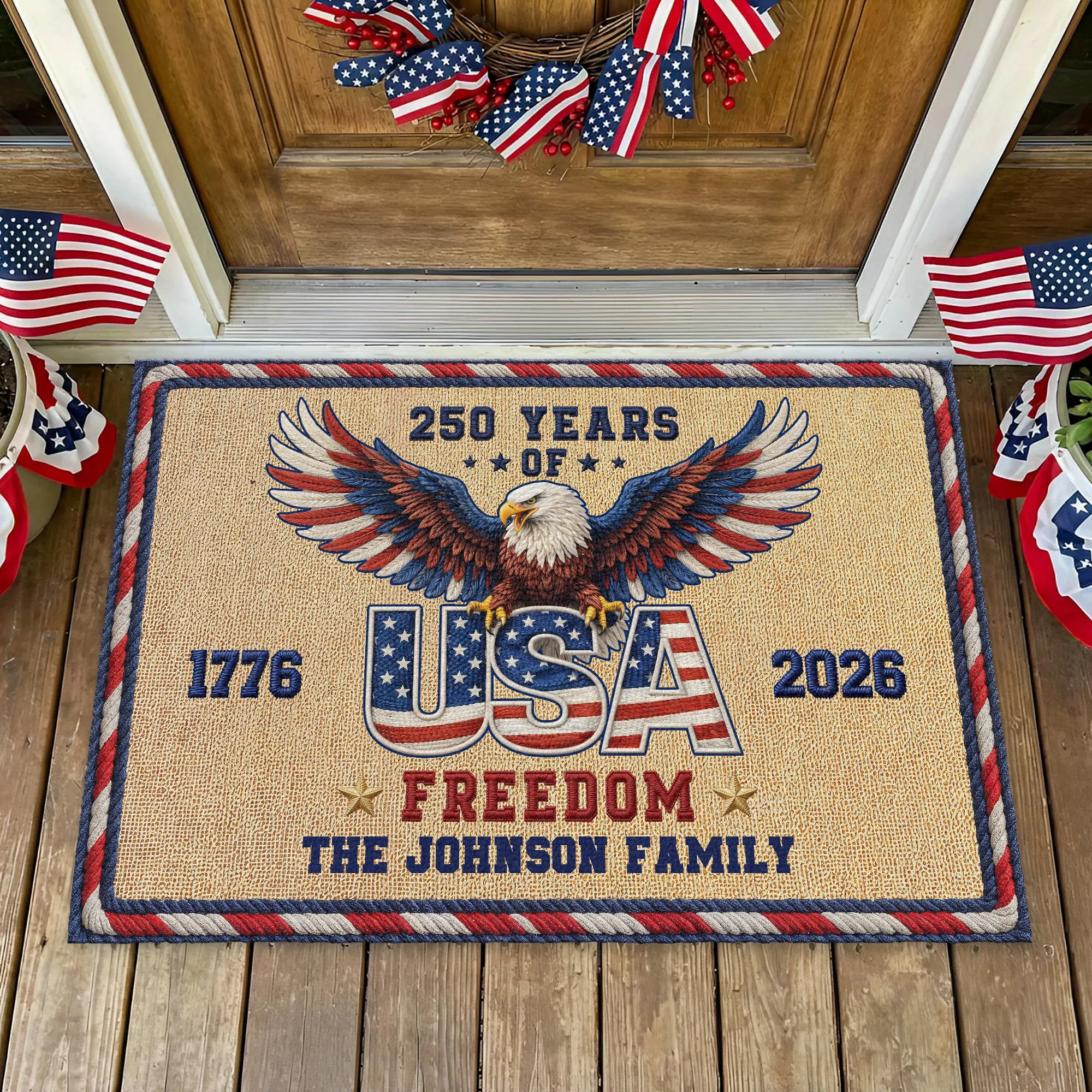 Personalized Family Name 250 Anniversary 1776 - 2026 USA Patriotic Faux Pattern Doormat - 2D Printed Not Embroidered Patriotic America Decor HO82 901582 - Image 2