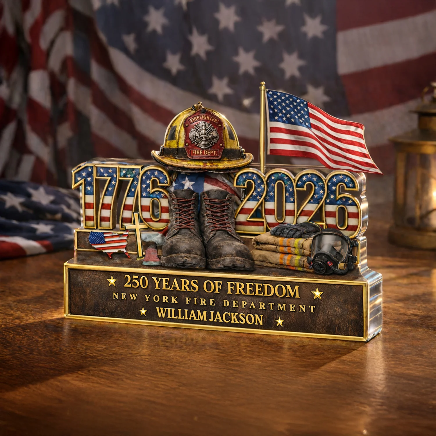 Personalized Firefighter 250 Years Of Freedom 1776–2026 Acrylic Block Plaque - Firefighter Gift, Patriotic Memorial Decor HO82 901886 - Image 2