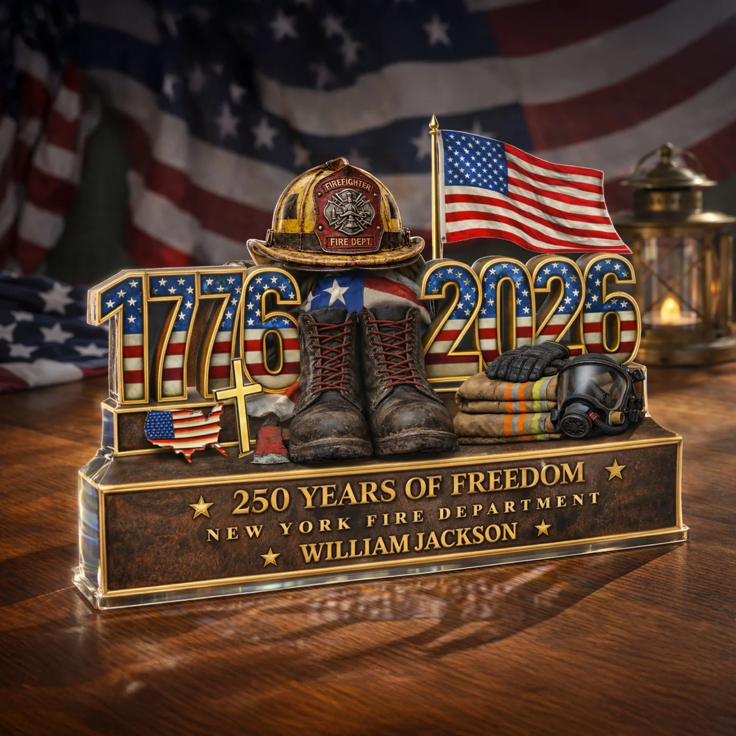 Personalized Firefighter 250 Years Of Freedom 1776–2026 Acrylic Block Plaque - Firefighter Gift, Patriotic Memorial Decor HO82 901886 - Image 3