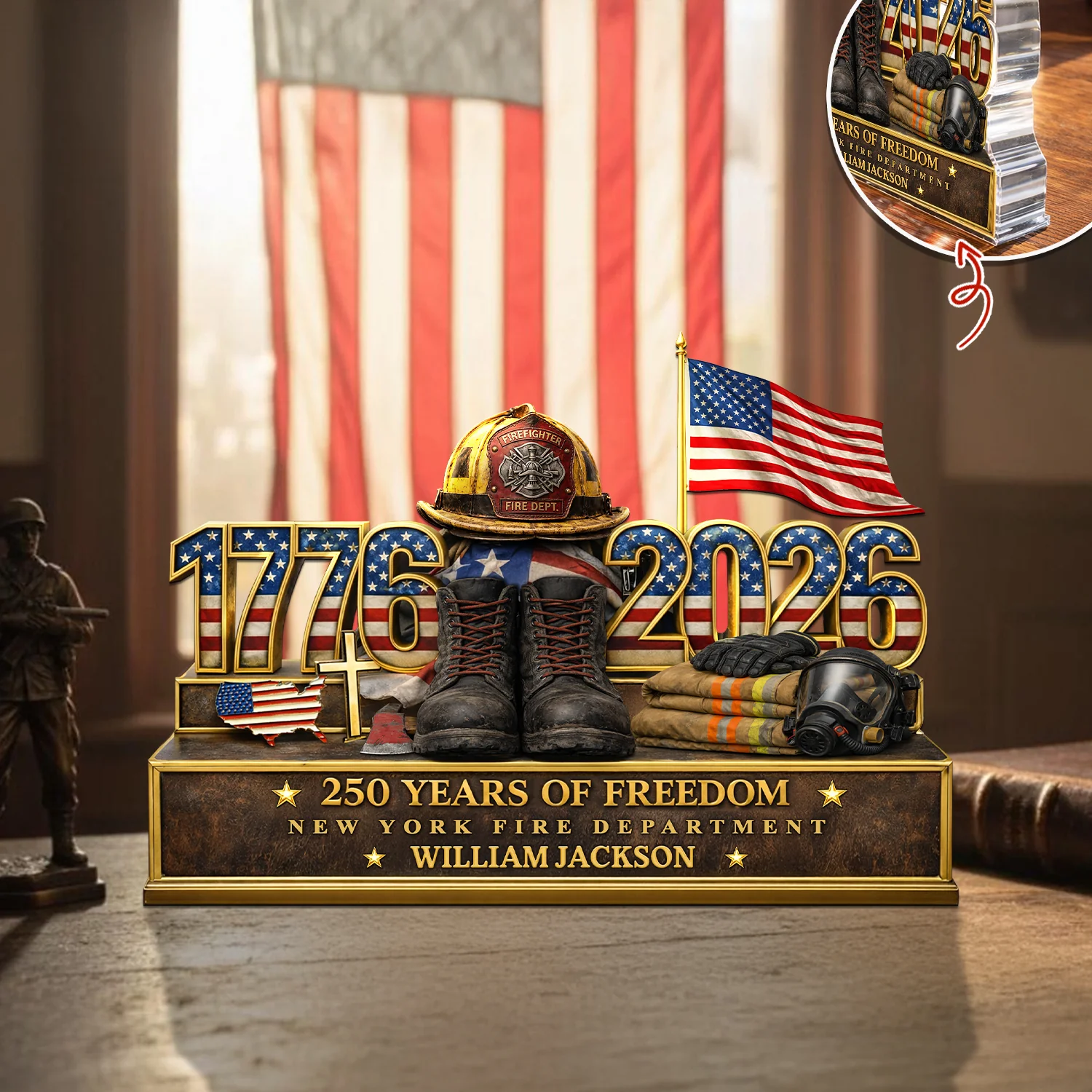 Personalized Firefighter 250 Years Of Freedom 1776–2026 Acrylic Block Plaque - Firefighter Gift, Patriotic Memorial Decor HO82 901886 - Image 4